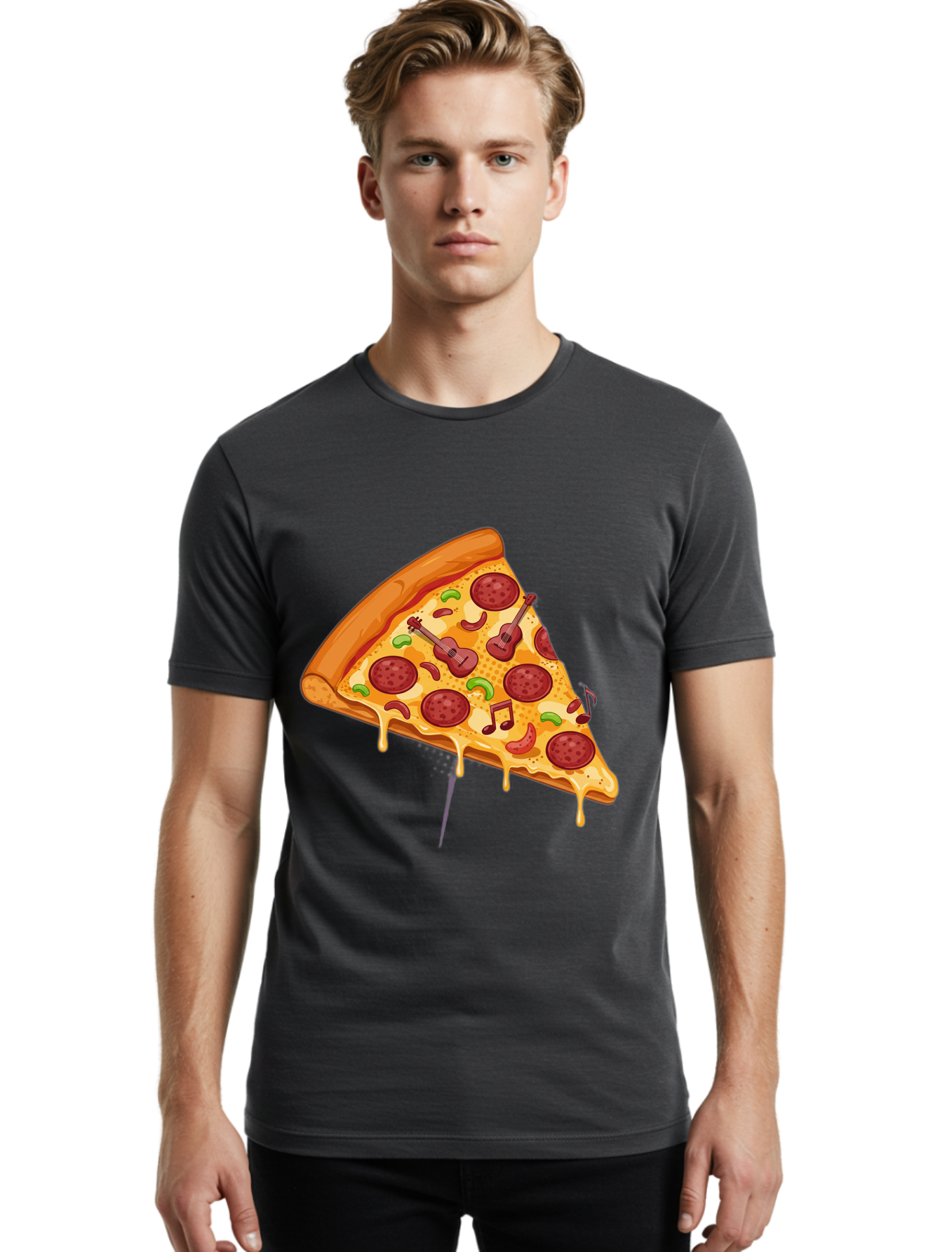 Pizza-Slice-33 Men'S Graphic Tee, 100% Cotton, Comfortable Casual Summer Wear, Machine Washable, Pizza Slice, Pepperoni Pizza, Cheese Pizza, Guitar Toppings, Music Notes, Cartoon Style, Playful Food, Whimsical Design, Cheesy Goodness, Bac295