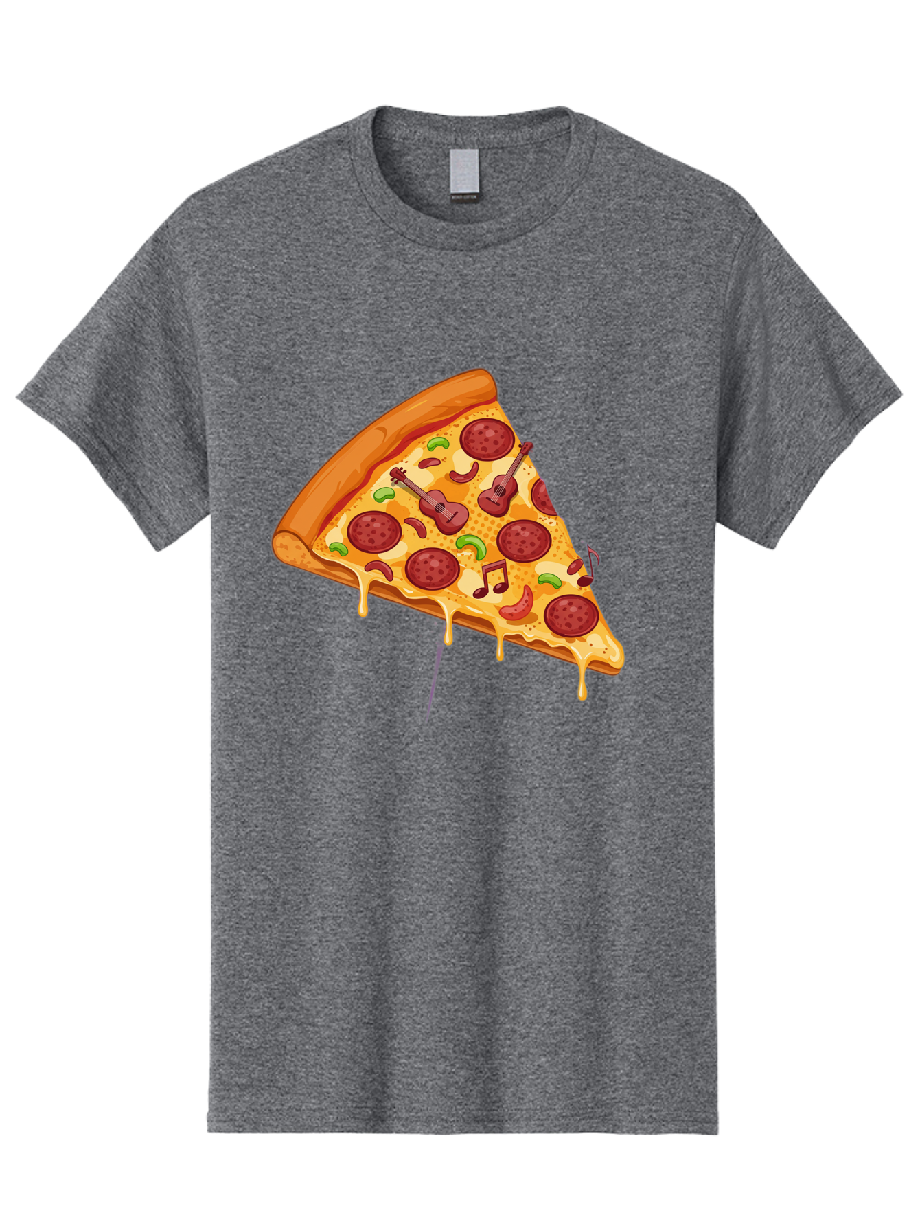 Pizza-Slice-33 Men'S Graphic Tee, 100% Cotton, Comfortable Casual Summer Wear, Machine Washable, Pizza Slice, Pepperoni Pizza, Cheese Pizza, Guitar Toppings, Music Notes, Cartoon Style, Playful Food, Whimsical Design, Cheesy Goodness, Bac295