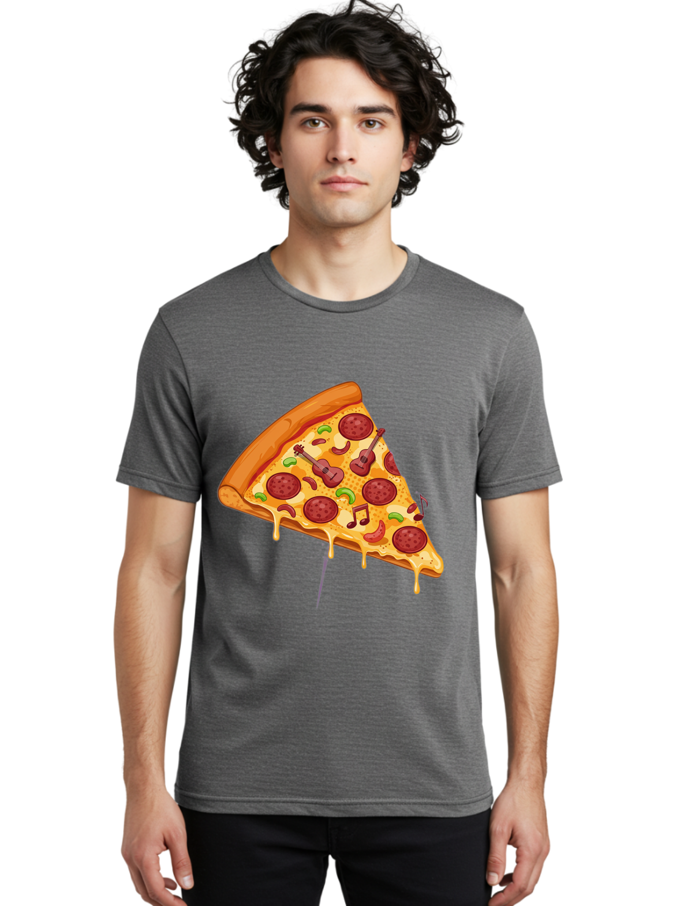 Pizza-Slice-33 Men'S Graphic Tee, 100% Cotton, Comfortable Casual Summer Wear, Machine Washable, Pizza Slice, Pepperoni Pizza, Cheese Pizza, Guitar Toppings, Music Notes, Cartoon Style, Playful Food, Whimsical Design, Cheesy Goodness, Bac295