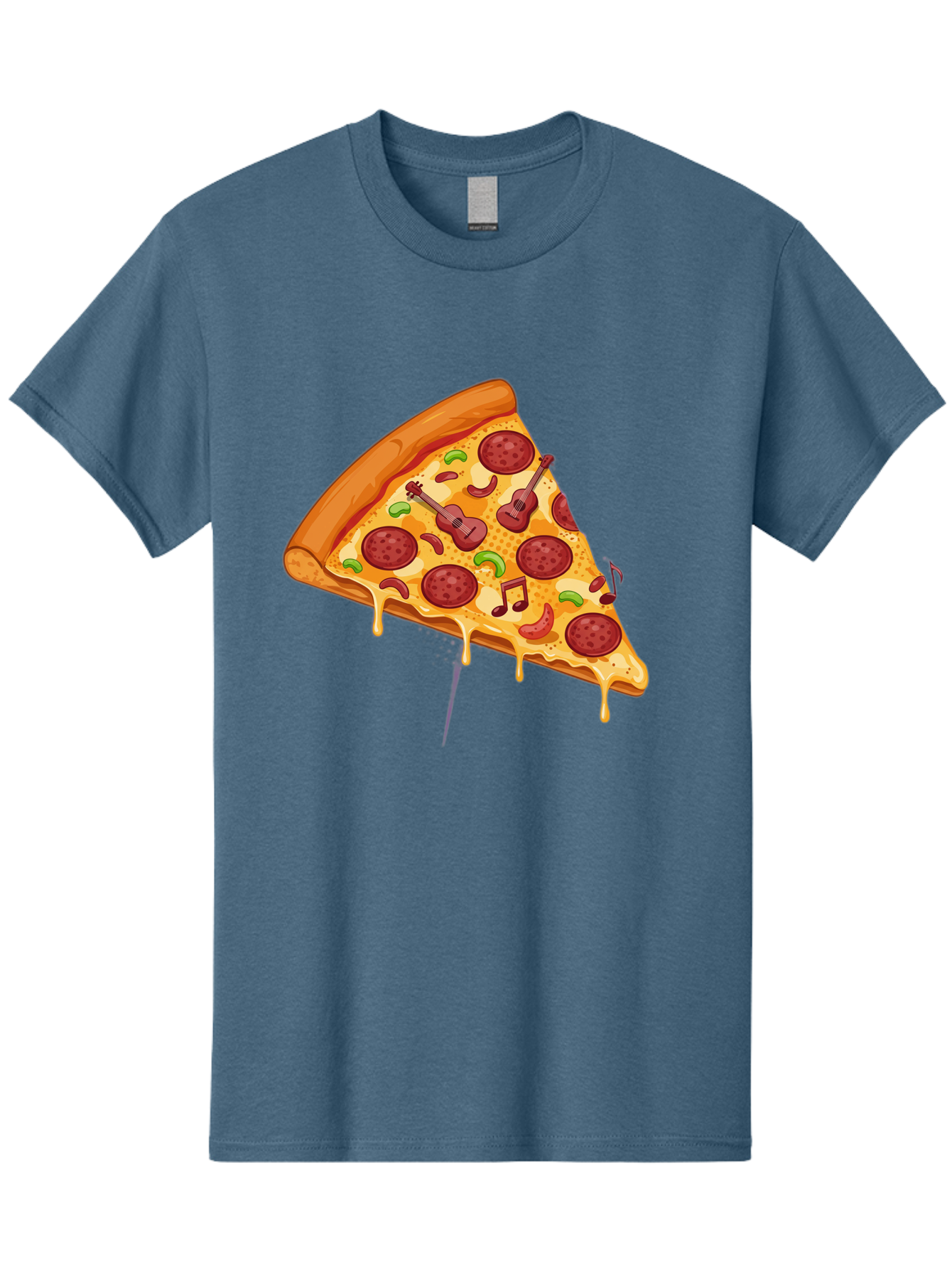 Pizza-Slice-33 Men'S Graphic Tee, 100% Cotton, Comfortable Casual Summer Wear, Machine Washable, Pizza Slice, Pepperoni Pizza, Cheese Pizza, Guitar Toppings, Music Notes, Cartoon Style, Playful Food, Whimsical Design, Cheesy Goodness, Bac295