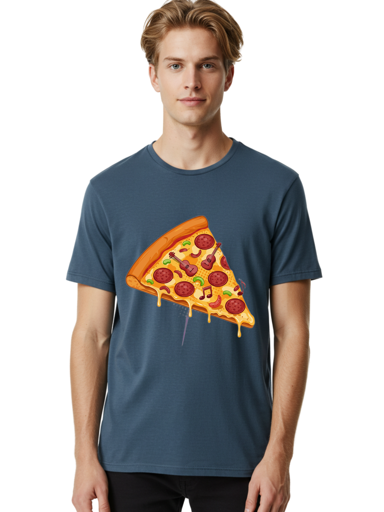 Pizza-Slice-33 Men'S Graphic Tee, 100% Cotton, Comfortable Casual Summer Wear, Machine Washable, Pizza Slice, Pepperoni Pizza, Cheese Pizza, Guitar Toppings, Music Notes, Cartoon Style, Playful Food, Whimsical Design, Cheesy Goodness, Bac295