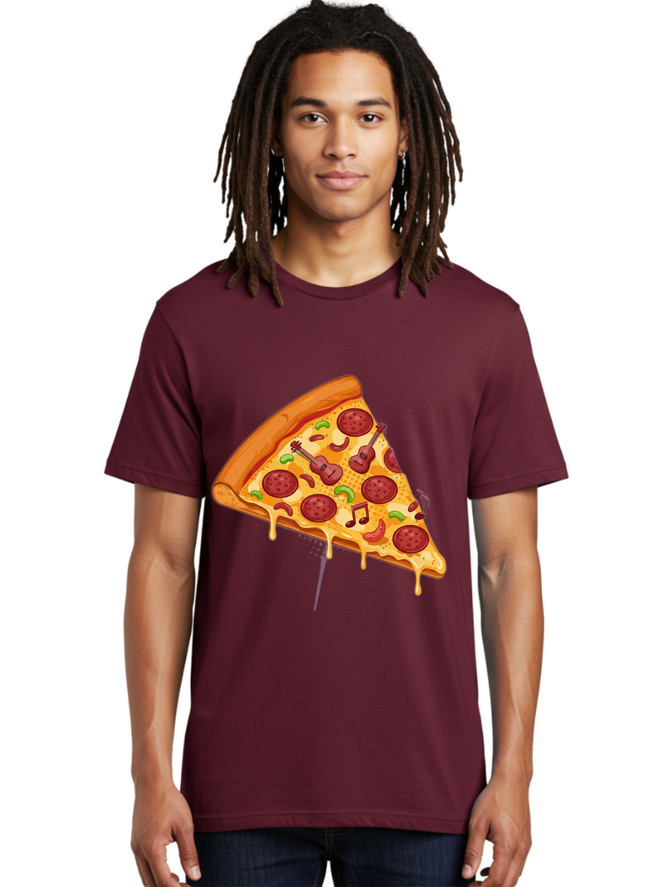 Pizza-Slice-33 Men'S Graphic Tee, 100% Cotton, Comfortable Casual Summer Wear, Machine Washable, Pizza Slice, Pepperoni Pizza, Cheese Pizza, Guitar Toppings, Music Notes, Cartoon Style, Playful Food, Whimsical Design, Cheesy Goodness, Bac295
