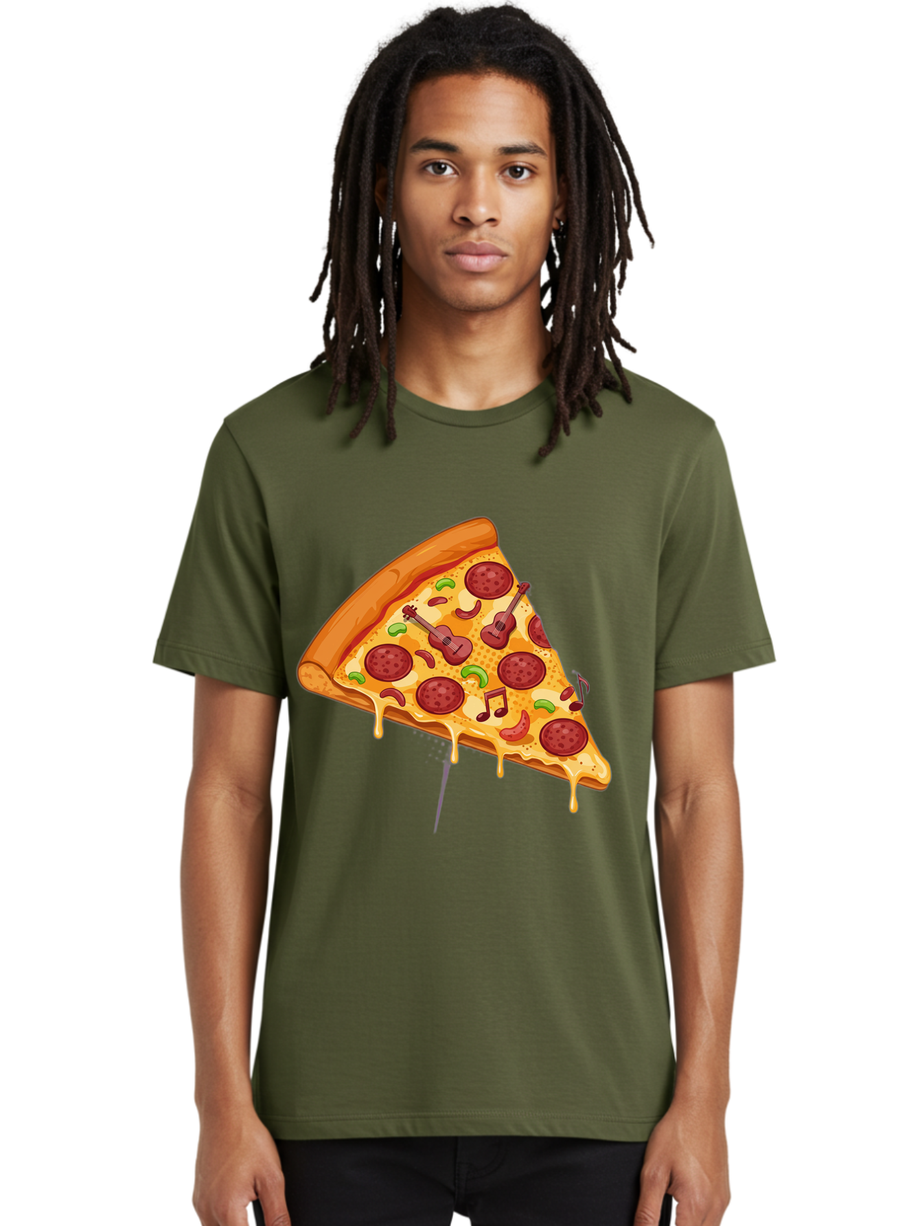 Pizza-Slice-33 Men'S Graphic Tee, 100% Cotton, Comfortable Casual Summer Wear, Machine Washable, Pizza Slice, Pepperoni Pizza, Cheese Pizza, Guitar Toppings, Music Notes, Cartoon Style, Playful Food, Whimsical Design, Cheesy Goodness, Bac295