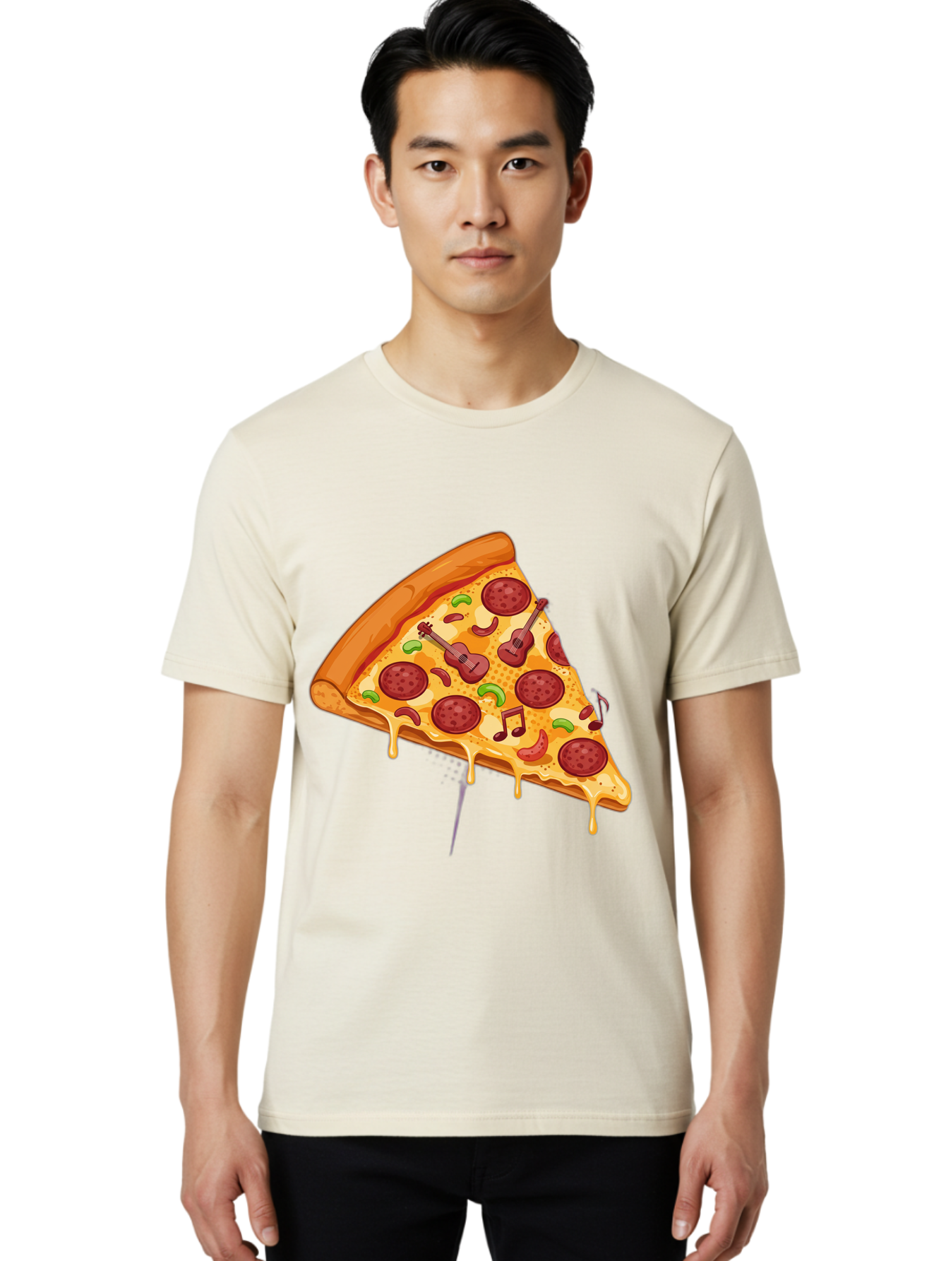 Pizza-Slice-33 Men'S Graphic Tee, 100% Cotton, Comfortable Casual Summer Wear, Machine Washable, Pizza Slice, Pepperoni Pizza, Cheese Pizza, Guitar Toppings, Music Notes, Cartoon Style, Playful Food, Whimsical Design, Cheesy Goodness, Bac295
