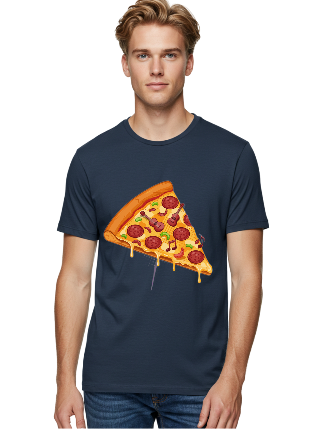 Pizza-Slice-33 Men'S Graphic Tee, 100% Cotton, Comfortable Casual Summer Wear, Machine Washable, Pizza Slice, Pepperoni Pizza, Cheese Pizza, Guitar Toppings, Music Notes, Cartoon Style, Playful Food, Whimsical Design, Cheesy Goodness, Bac295