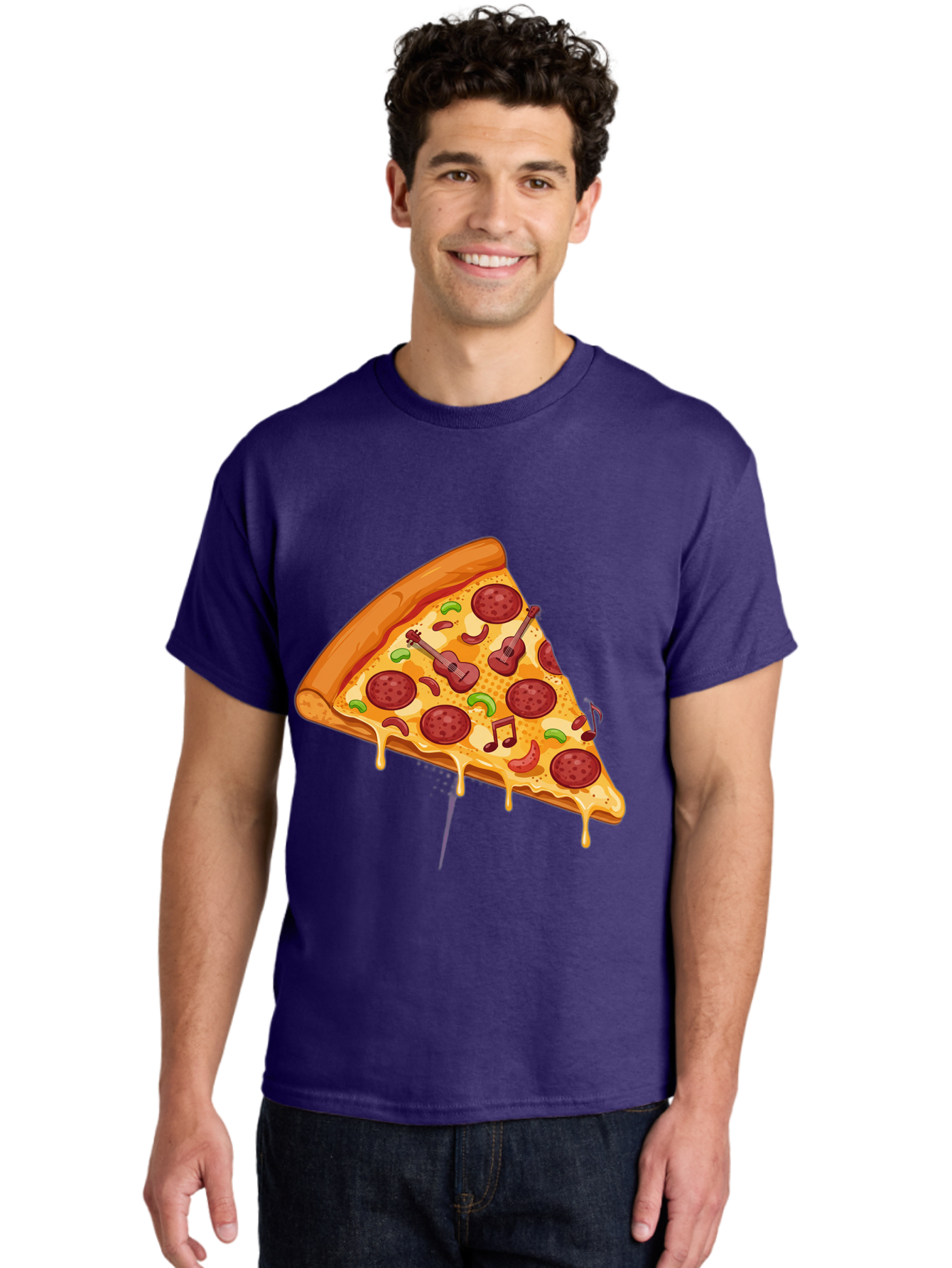 Pizza-Slice-33 Men'S Graphic Tee, 100% Cotton, Comfortable Casual Summer Wear, Machine Washable, Pizza Slice, Pepperoni Pizza, Cheese Pizza, Guitar Toppings, Music Notes, Cartoon Style, Playful Food, Whimsical Design, Cheesy Goodness, Bac295