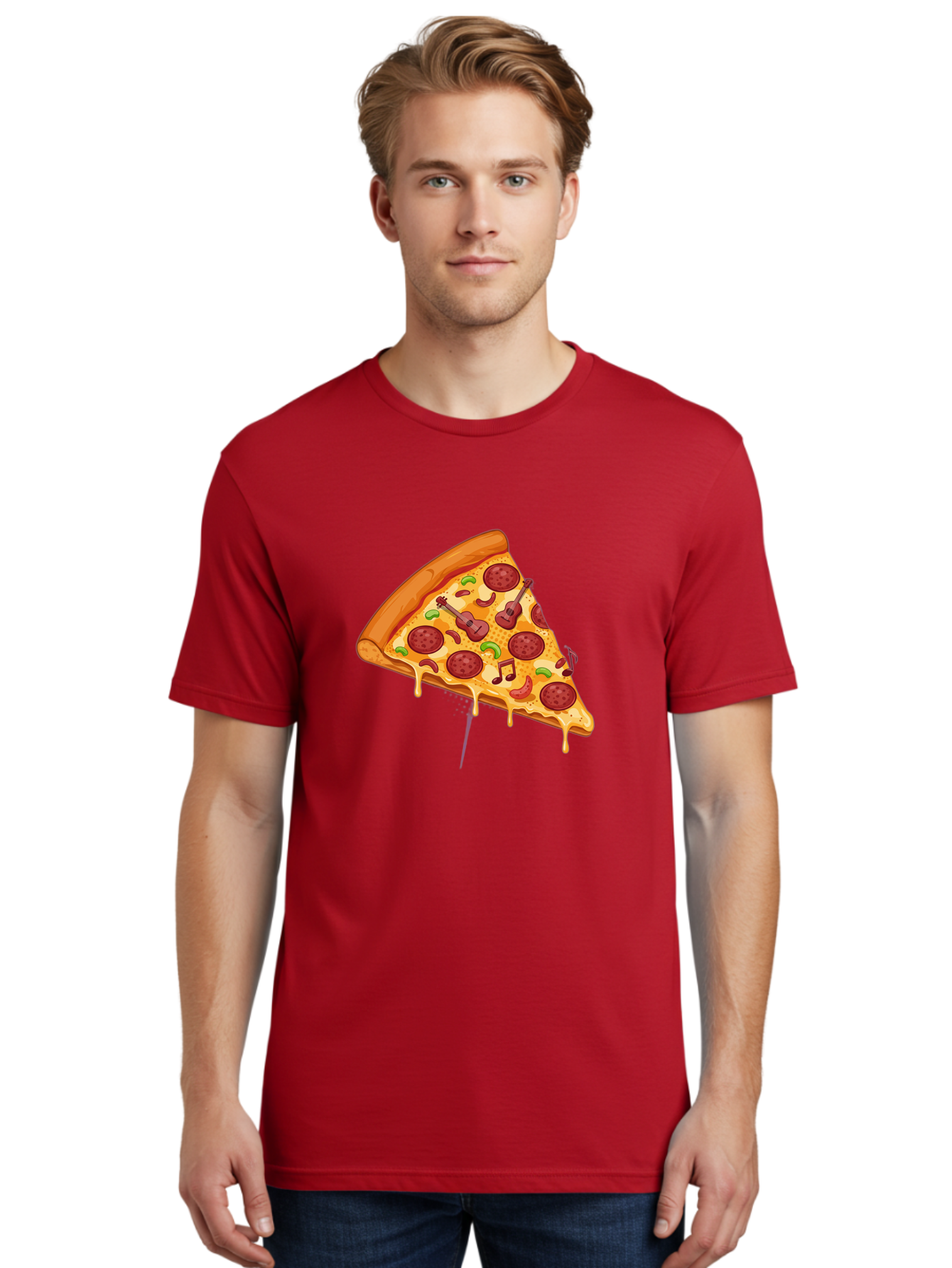 Pizza-Slice-33 Men'S Graphic Tee, 100% Cotton, Comfortable Casual Summer Wear, Machine Washable, Pizza Slice, Pepperoni Pizza, Cheese Pizza, Guitar Toppings, Music Notes, Cartoon Style, Playful Food, Whimsical Design, Cheesy Goodness, Bac295