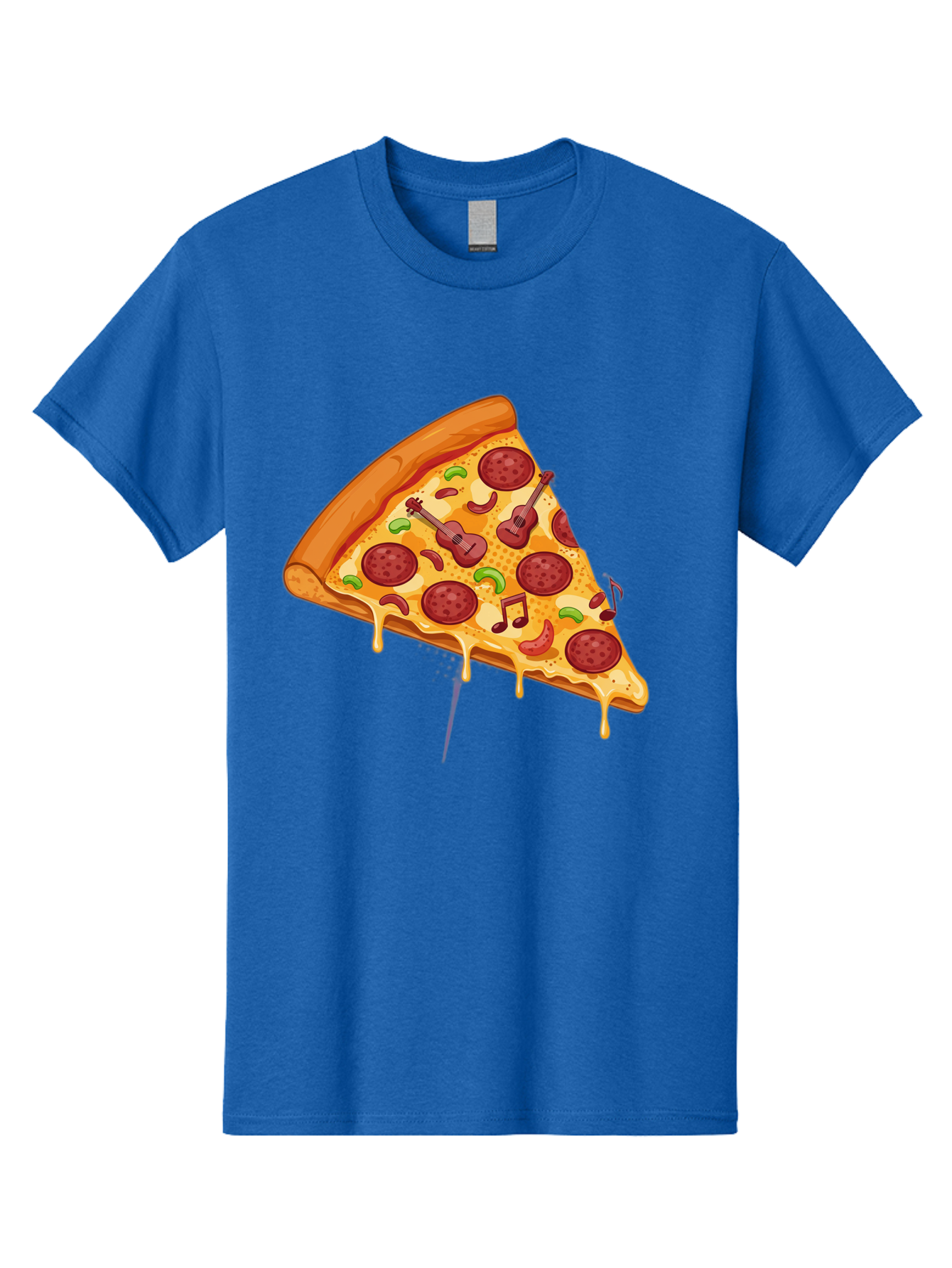 Pizza-Slice-33 Men'S Graphic Tee, 100% Cotton, Comfortable Casual Summer Wear, Machine Washable, Pizza Slice, Pepperoni Pizza, Cheese Pizza, Guitar Toppings, Music Notes, Cartoon Style, Playful Food, Whimsical Design, Cheesy Goodness, Bac295