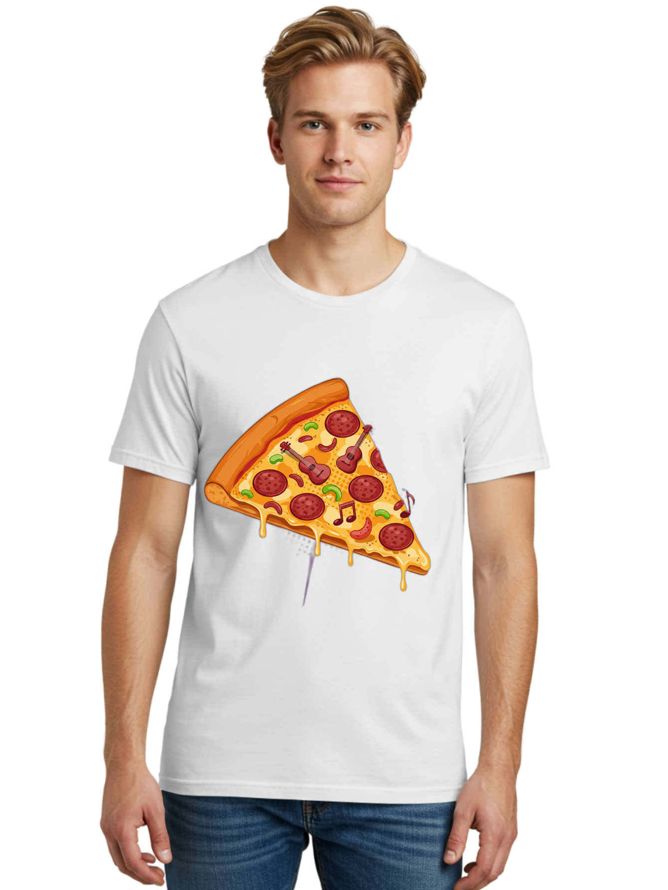 Pizza-Slice-33 Men'S Graphic Tee, 100% Cotton, Comfortable Casual Summer Wear, Machine Washable, Pizza Slice, Pepperoni Pizza, Cheese Pizza, Guitar Toppings, Music Notes, Cartoon Style, Playful Food, Whimsical Design, Cheesy Goodness, Bac295