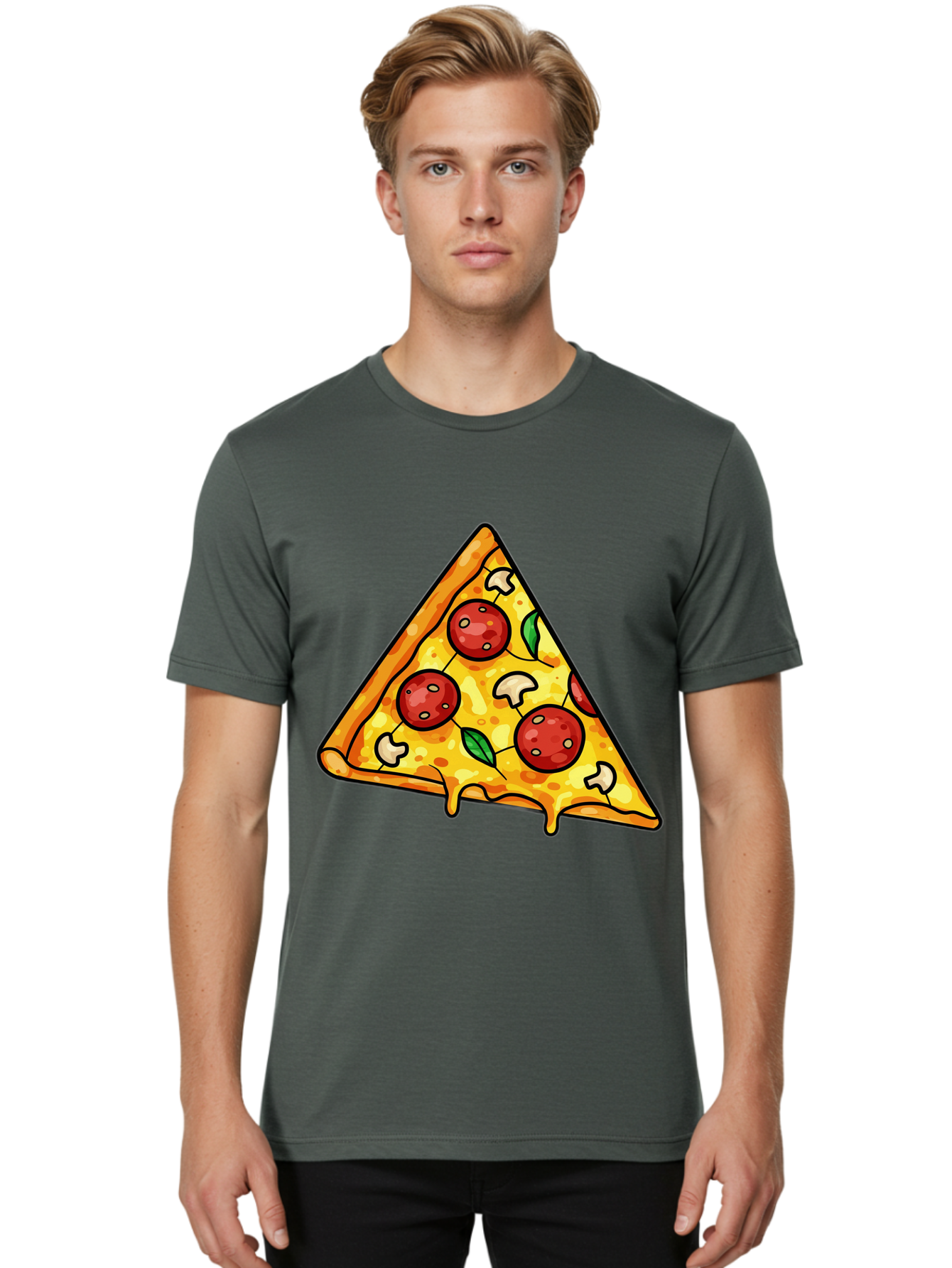 Pizza-Slice-34 Men'S Graphic Tee, 100% Cotton, Comfortable Casual Summer Wear, Machine Washable, Tasty Pizza, Melted Cheese, Pepperoni Pizza, Mushrooms, Basil, Cheesy Goodness, Savory Delight, Italian Cuisine, Foodie Favorite, Pizza Love Bac296