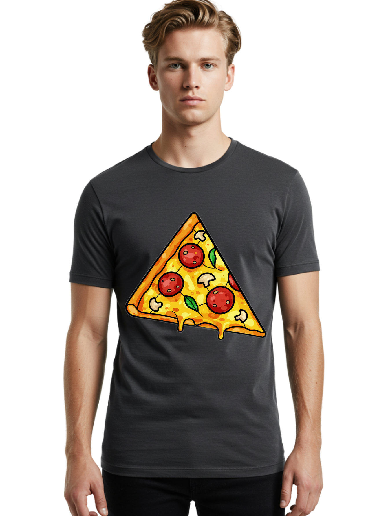 Pizza-Slice-34 Men'S Graphic Tee, 100% Cotton, Comfortable Casual Summer Wear, Machine Washable, Tasty Pizza, Melted Cheese, Pepperoni Pizza, Mushrooms, Basil, Cheesy Goodness, Savory Delight, Italian Cuisine, Foodie Favorite, Pizza Love Bac296