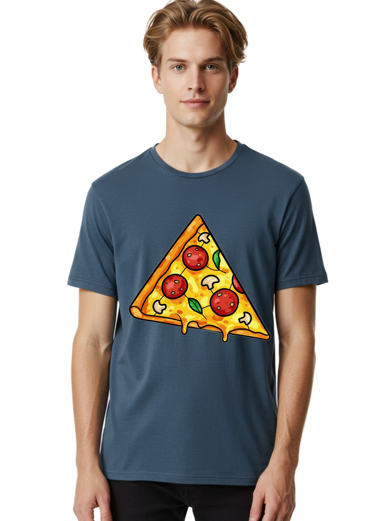 Pizza-Slice-34 Men'S Graphic Tee, 100% Cotton, Comfortable Casual Summer Wear, Machine Washable, Tasty Pizza, Melted Cheese, Pepperoni Pizza, Mushrooms, Basil, Cheesy Goodness, Savory Delight, Italian Cuisine, Foodie Favorite, Pizza Love Bac296