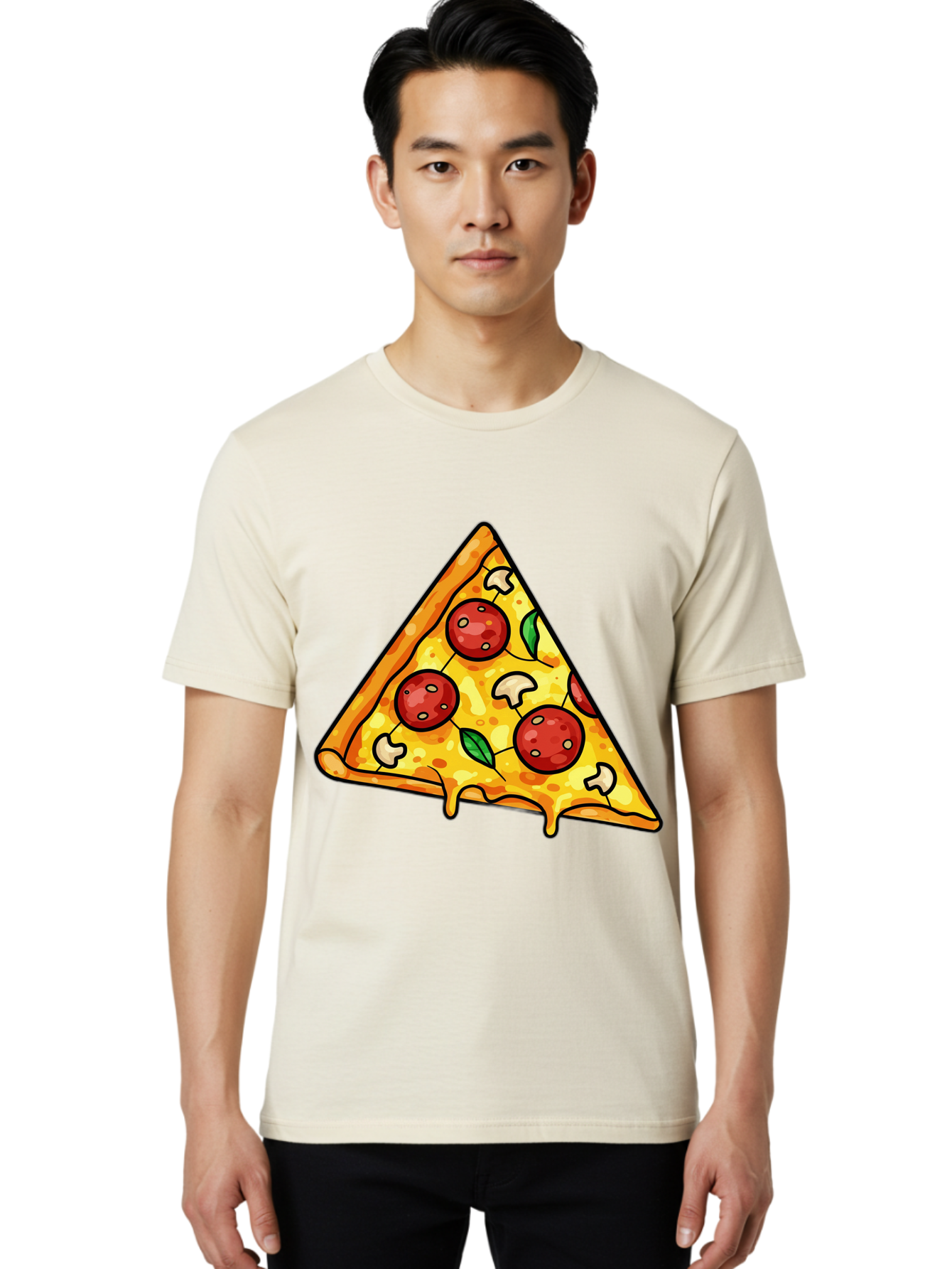 Pizza-Slice-34 Men'S Graphic Tee, 100% Cotton, Comfortable Casual Summer Wear, Machine Washable, Tasty Pizza, Melted Cheese, Pepperoni Pizza, Mushrooms, Basil, Cheesy Goodness, Savory Delight, Italian Cuisine, Foodie Favorite, Pizza Love Bac296