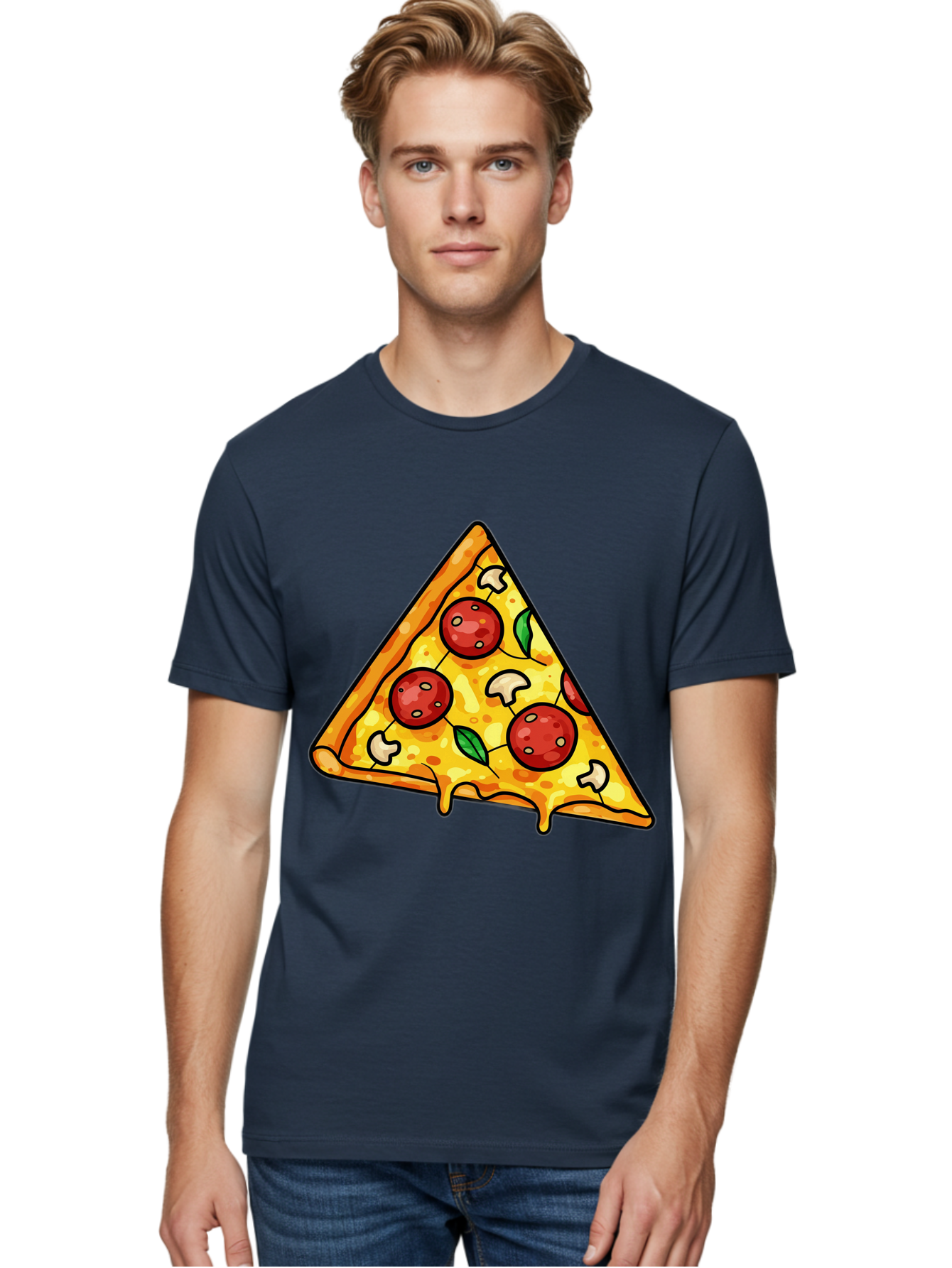 Pizza-Slice-34 Men'S Graphic Tee, 100% Cotton, Comfortable Casual Summer Wear, Machine Washable, Tasty Pizza, Melted Cheese, Pepperoni Pizza, Mushrooms, Basil, Cheesy Goodness, Savory Delight, Italian Cuisine, Foodie Favorite, Pizza Love Bac296