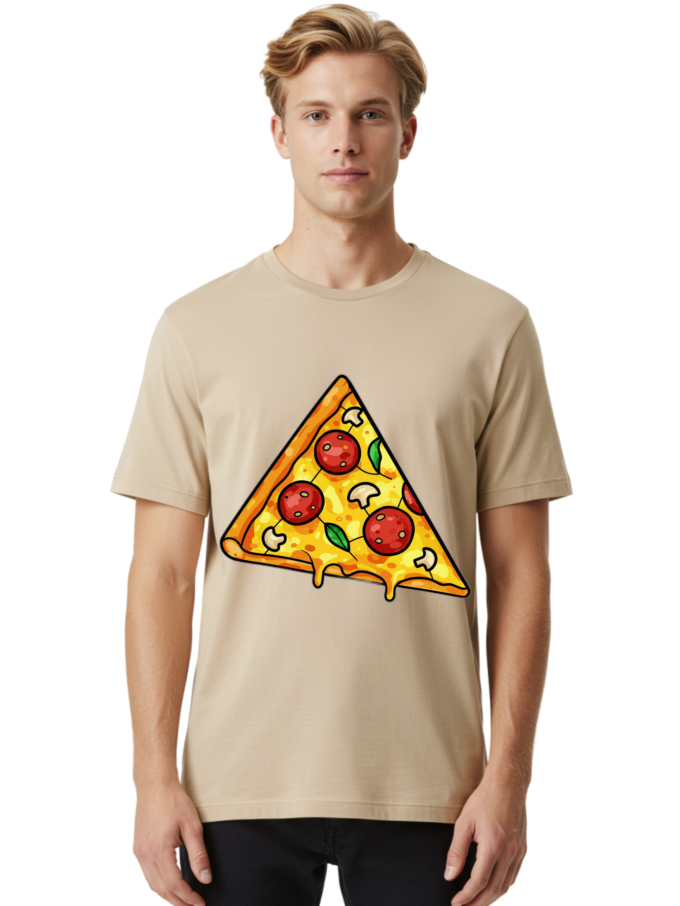 Pizza-Slice-34 Men'S Graphic Tee, 100% Cotton, Comfortable Casual Summer Wear, Machine Washable, Tasty Pizza, Melted Cheese, Pepperoni Pizza, Mushrooms, Basil, Cheesy Goodness, Savory Delight, Italian Cuisine, Foodie Favorite, Pizza Love Bac296