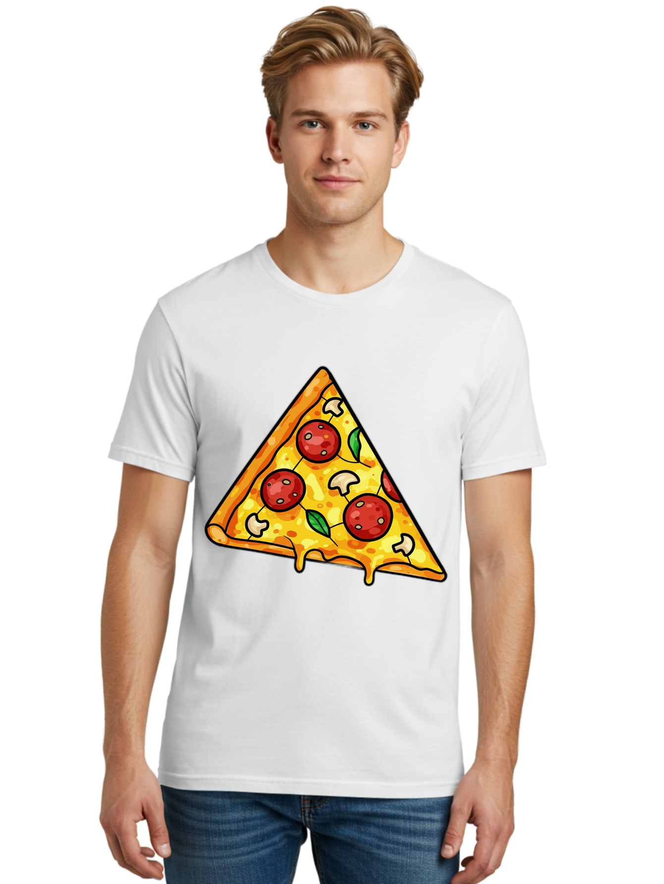 Pizza-Slice-34 Men'S Graphic Tee, 100% Cotton, Comfortable Casual Summer Wear, Machine Washable, Tasty Pizza, Melted Cheese, Pepperoni Pizza, Mushrooms, Basil, Cheesy Goodness, Savory Delight, Italian Cuisine, Foodie Favorite, Pizza Love Bac296