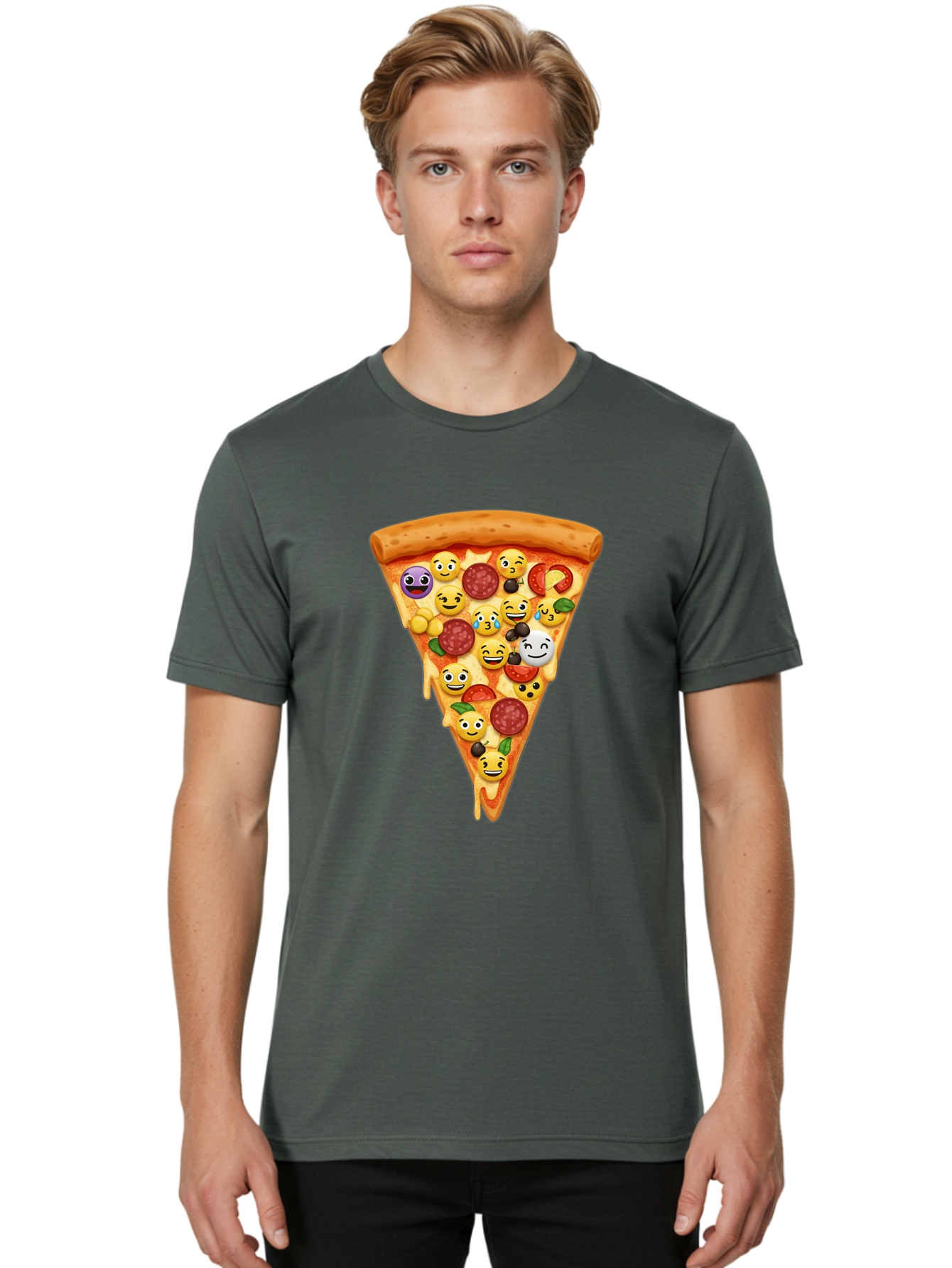 Pizza-Slice-35 Men'S Graphic Tee, 100% Cotton, Comfortable Casual Summer Wear, Machine Washable, Pizza Slice, Emoji Toppings, Pepperoni, Black Olives, Melted Cheese, Funny Emojis, Cartoon Pizza, Tasty Pizza, Foodie Fun, Pizza Love, Bac297