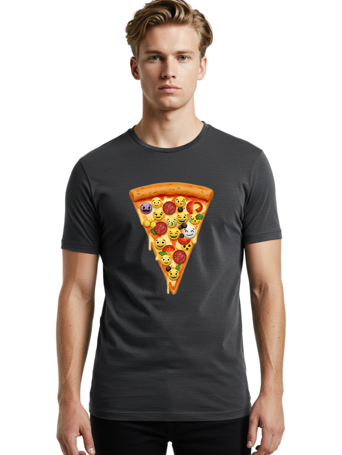 Pizza-Slice-35 Men'S Graphic Tee, 100% Cotton, Comfortable Casual Summer Wear, Machine Washable, Pizza Slice, Emoji Toppings, Pepperoni, Black Olives, Melted Cheese, Funny Emojis, Cartoon Pizza, Tasty Pizza, Foodie Fun, Pizza Love, Bac297