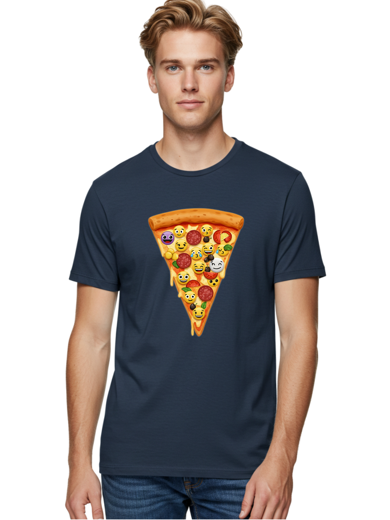 Pizza-Slice-35 Men'S Graphic Tee, 100% Cotton, Comfortable Casual Summer Wear, Machine Washable, Pizza Slice, Emoji Toppings, Pepperoni, Black Olives, Melted Cheese, Funny Emojis, Cartoon Pizza, Tasty Pizza, Foodie Fun, Pizza Love, Bac297