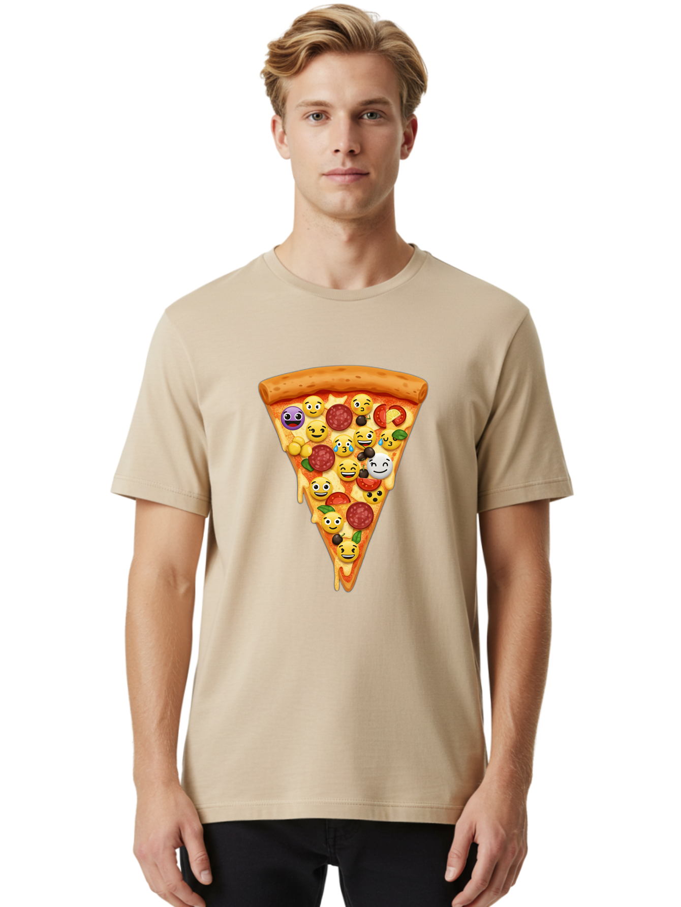 Pizza-Slice-35 Men'S Graphic Tee, 100% Cotton, Comfortable Casual Summer Wear, Machine Washable, Pizza Slice, Emoji Toppings, Pepperoni, Black Olives, Melted Cheese, Funny Emojis, Cartoon Pizza, Tasty Pizza, Foodie Fun, Pizza Love, Bac297