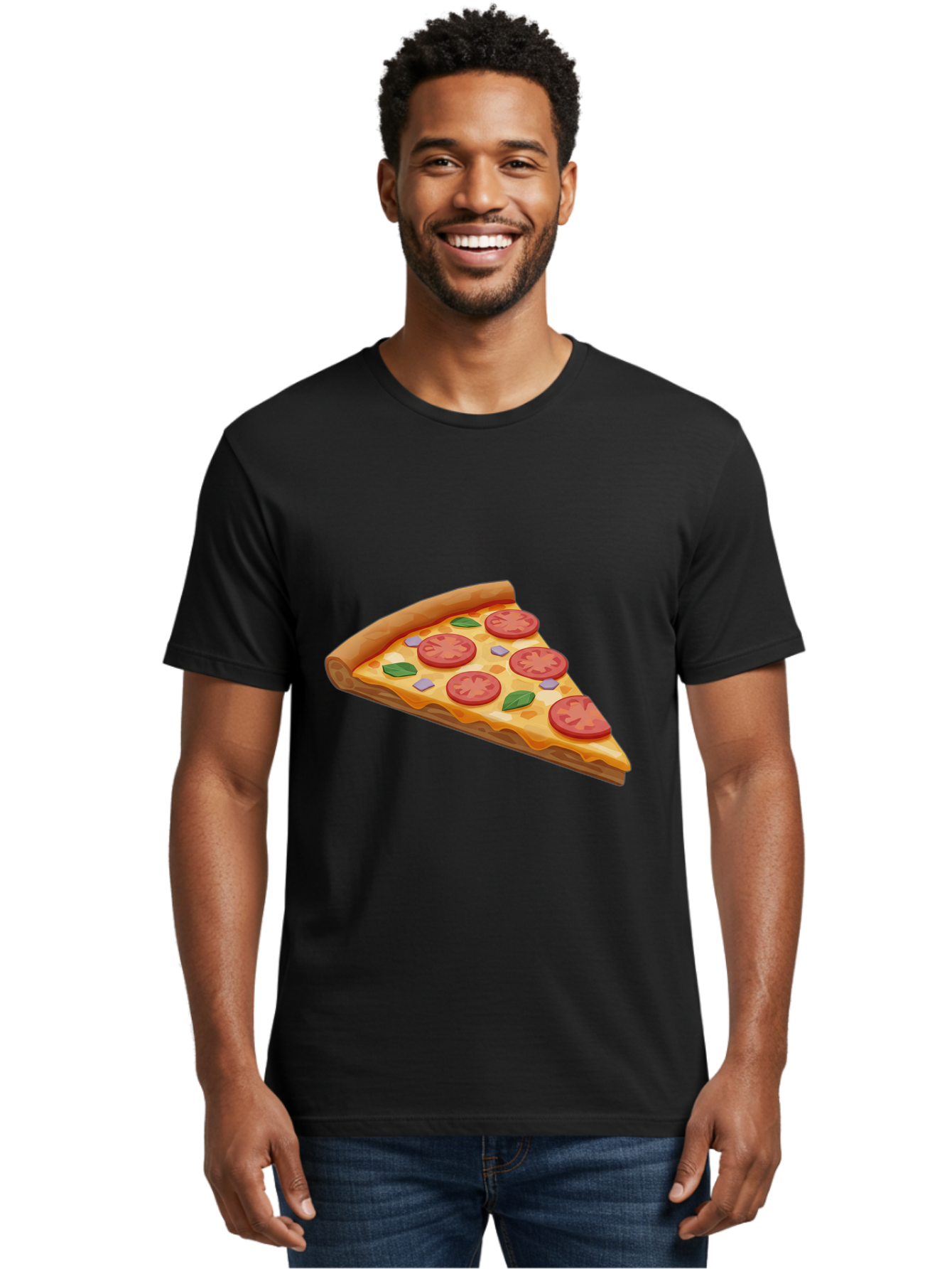 Pizza-Slice-4 Men'S Graphic Tee, 100% Cotton, Comfortable Casual Summer Wear, Machine Washable, Pizza Slice, Tomato Slices, Basil Leaves, Garlic, Melted Cheese, Crispy Crust, Italian Cuisine, Delicious Food, Savory Flavors Bac298