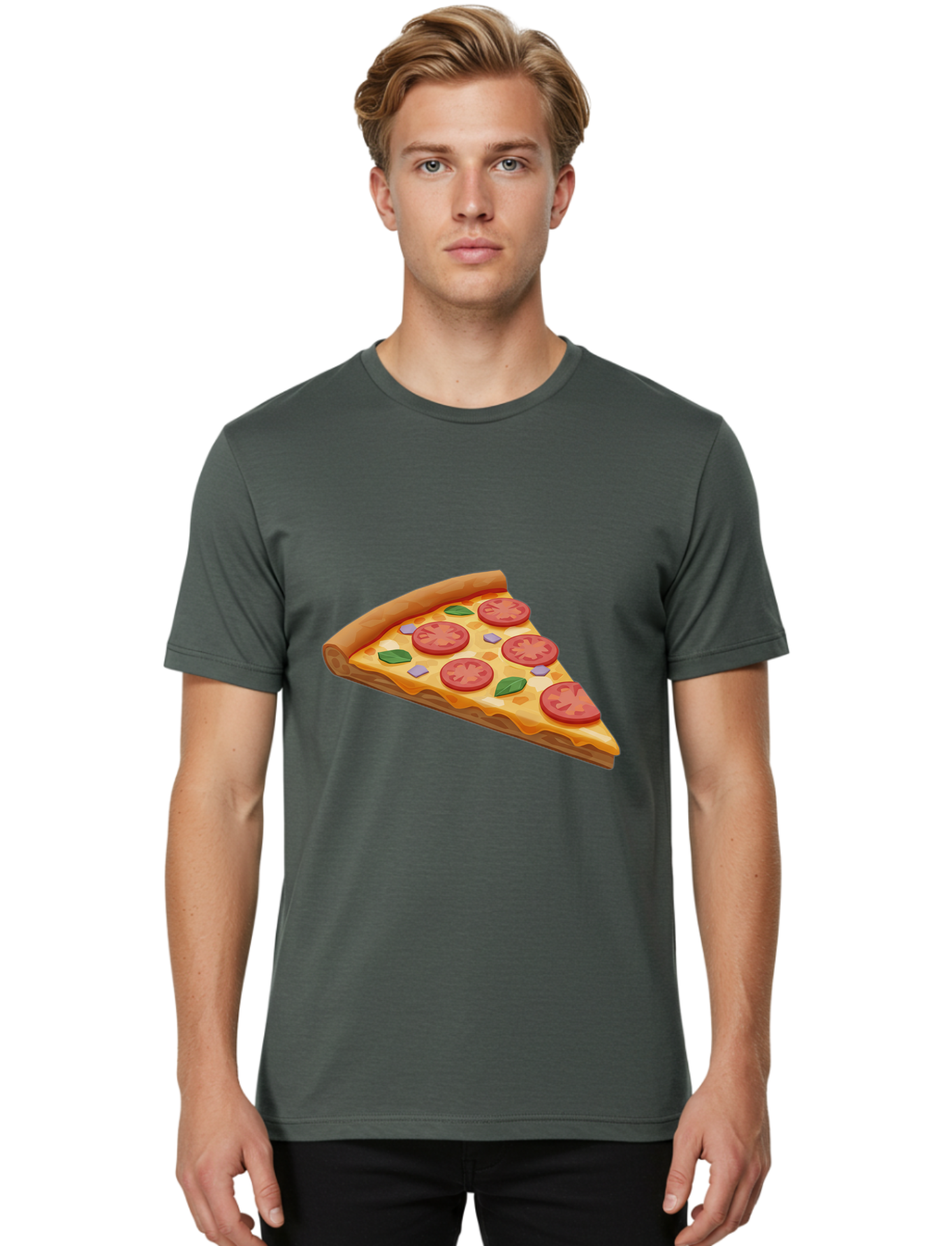 Pizza-Slice-4 Men'S Graphic Tee, 100% Cotton, Comfortable Casual Summer Wear, Machine Washable, Pizza Slice, Tomato Slices, Basil Leaves, Garlic, Melted Cheese, Crispy Crust, Italian Cuisine, Delicious Food, Savory Flavors Bac298