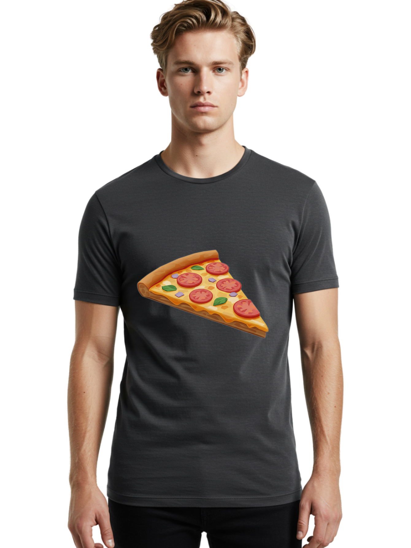 Pizza-Slice-4 Men'S Graphic Tee, 100% Cotton, Comfortable Casual Summer Wear, Machine Washable, Pizza Slice, Tomato Slices, Basil Leaves, Garlic, Melted Cheese, Crispy Crust, Italian Cuisine, Delicious Food, Savory Flavors Bac298