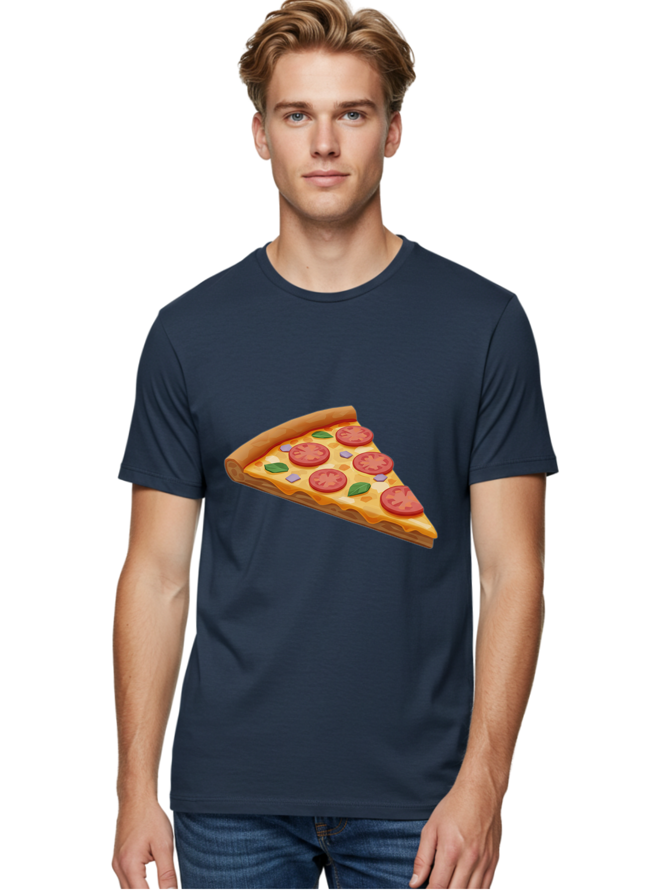 Pizza-Slice-4 Men'S Graphic Tee, 100% Cotton, Comfortable Casual Summer Wear, Machine Washable, Pizza Slice, Tomato Slices, Basil Leaves, Garlic, Melted Cheese, Crispy Crust, Italian Cuisine, Delicious Food, Savory Flavors Bac298