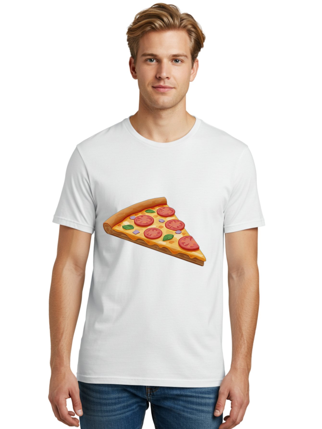 Pizza-Slice-4 Men'S Graphic Tee, 100% Cotton, Comfortable Casual Summer Wear, Machine Washable, Pizza Slice, Tomato Slices, Basil Leaves, Garlic, Melted Cheese, Crispy Crust, Italian Cuisine, Delicious Food, Savory Flavors Bac298