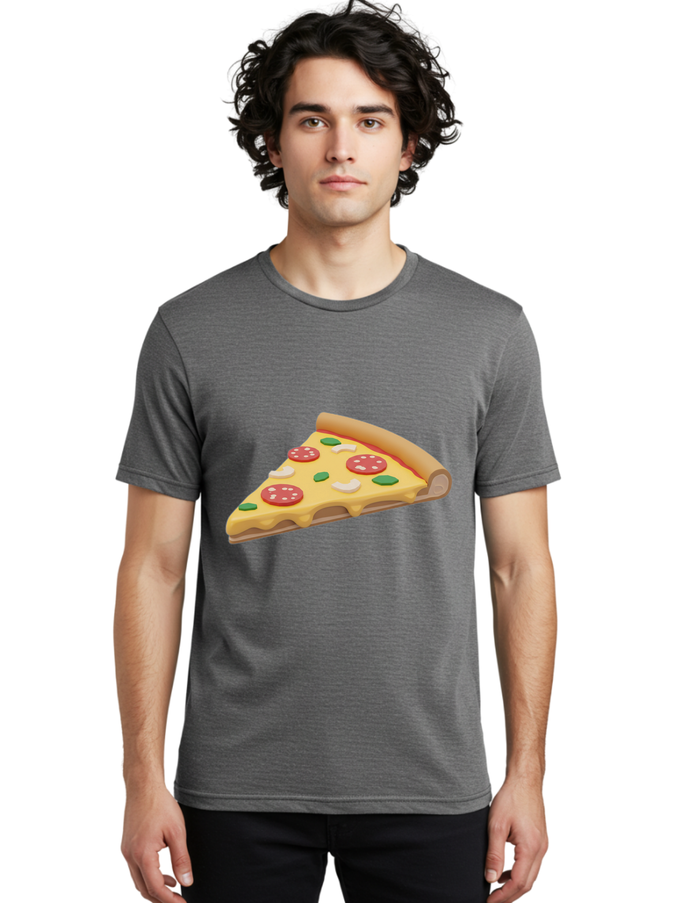 Pizza-Slice-5 Men'S Graphic Tee, 100% Cotton, Comfortable Casual Summer Wear, Machine Washable, Pizza Slice, Pepperoni Pizza, Melted Cheese, Green Peppers, White Onions, Italian Food, Dinner Ideas, Food Graphics, 3D Illustration, Pizza Topping Bac299