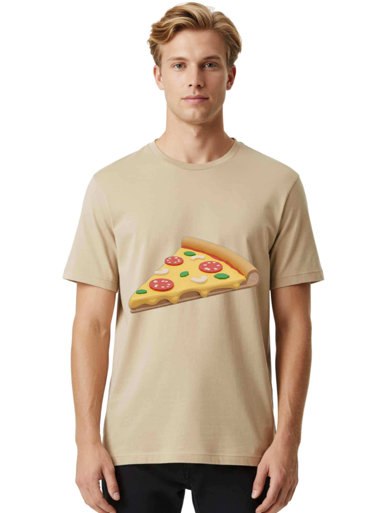 Pizza-Slice-5 Men'S Graphic Tee, 100% Cotton, Comfortable Casual Summer Wear, Machine Washable, Pizza Slice, Pepperoni Pizza, Melted Cheese, Green Peppers, White Onions, Italian Food, Dinner Ideas, Food Graphics, 3D Illustration, Pizza Topping Bac299