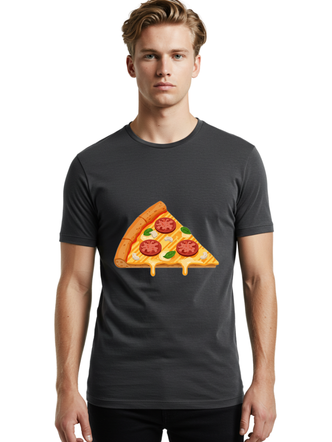 Pizza-Slice-6 Men'S Graphic Tee, 100% Cotton, Comfortable Casual Summer Wear, Machine Washable, Cheesy Pizza Slice, Pepperoni Pizza, Melty Cheese, Garlicky Flavor, Fresh Basil, Italian Cuisine, Savory Delight, Tasty Treat Bac300