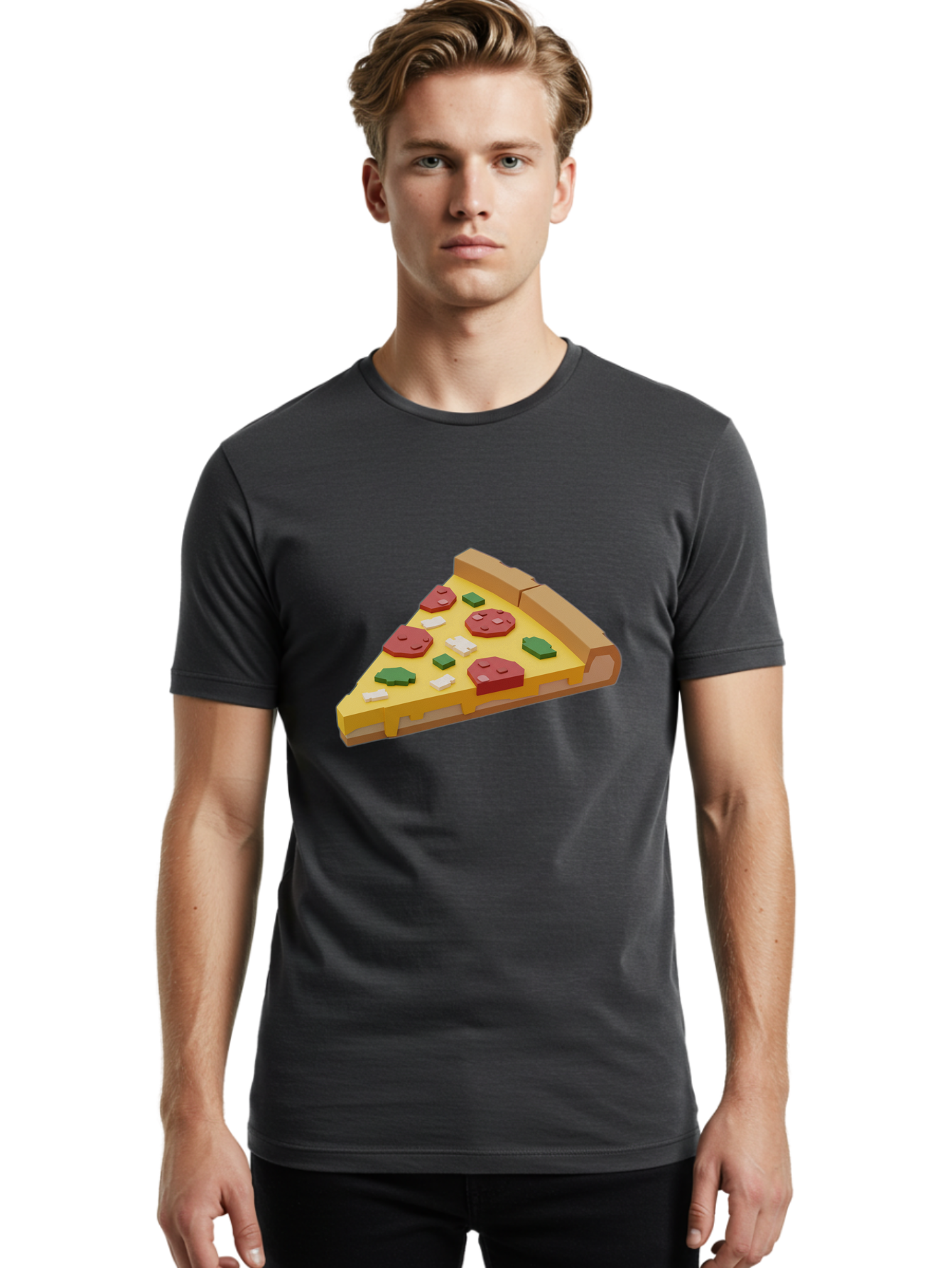 Pizza-Slice-7 Men'S Graphic Tee, 100% Cotton, Comfortable Casual Summer Wear, Machine Washable, 3D Pizza Slice, Cartoon-Style, Pepperoni, Green Peppers, Cheese, Crispy Crust, Tasty Toppings, Digital Art Bac301