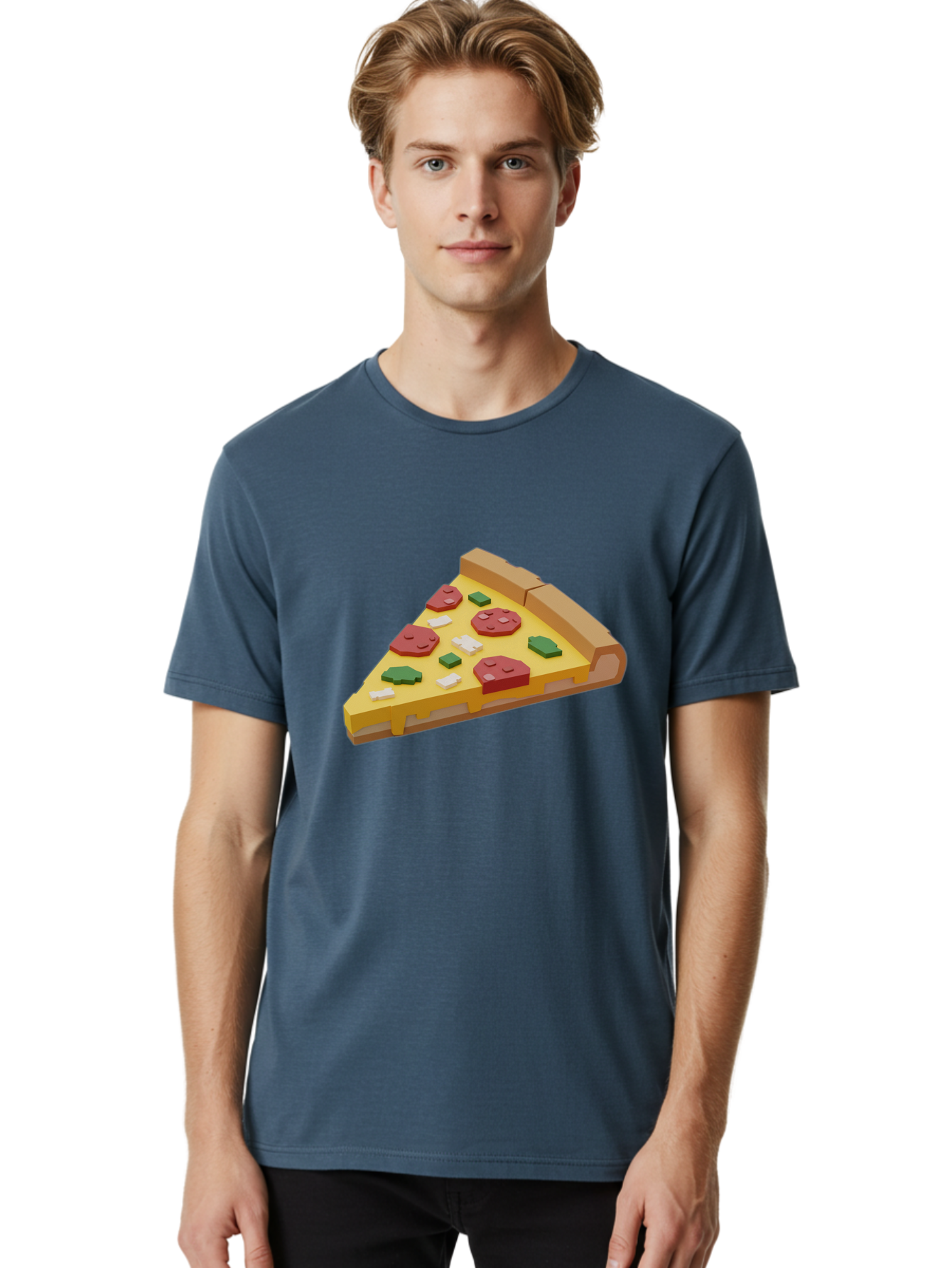 Pizza-Slice-7 Men'S Graphic Tee, 100% Cotton, Comfortable Casual Summer Wear, Machine Washable, 3D Pizza Slice, Cartoon-Style, Pepperoni, Green Peppers, Cheese, Crispy Crust, Tasty Toppings, Digital Art Bac301