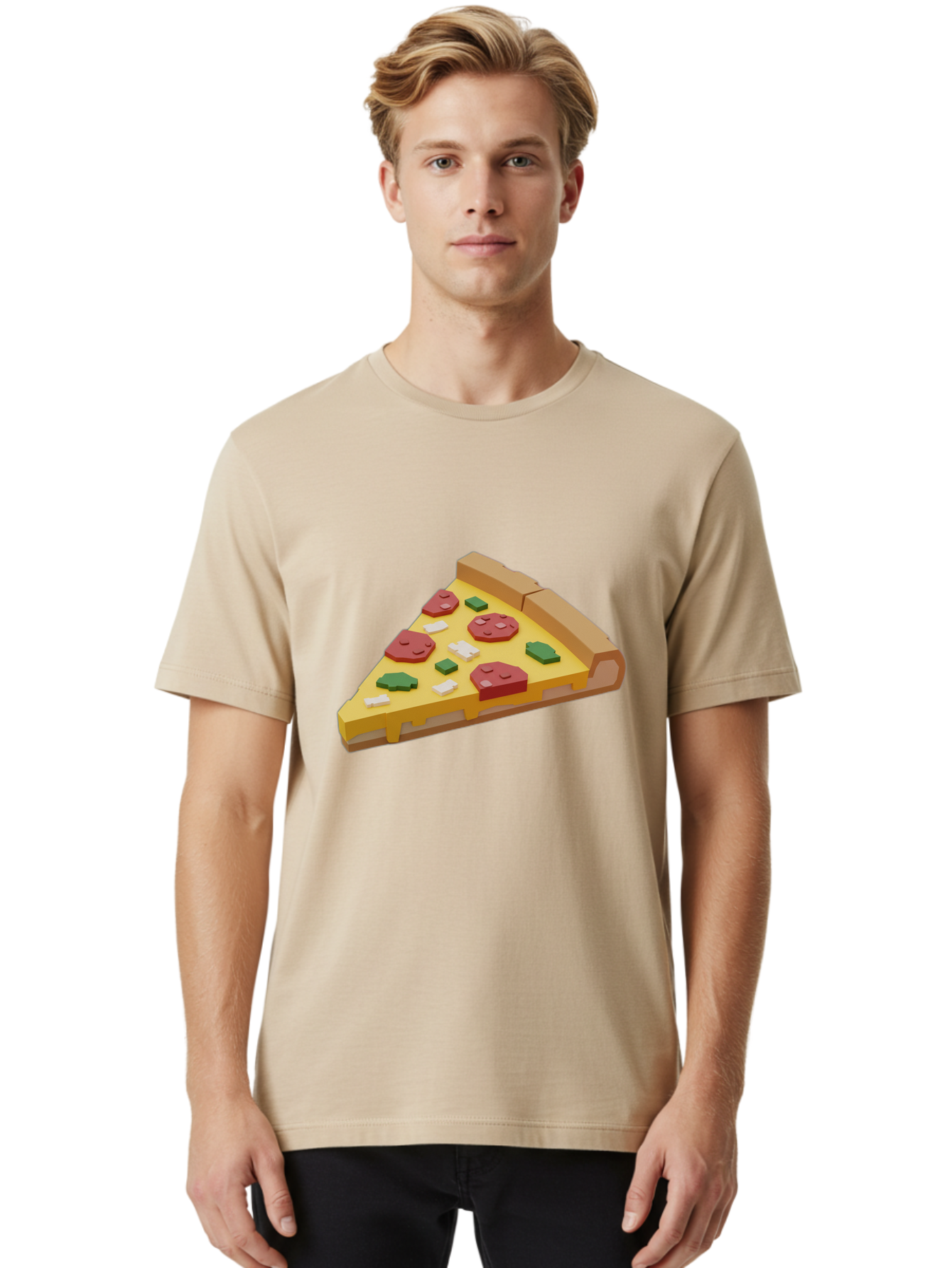 Pizza-Slice-7 Men'S Graphic Tee, 100% Cotton, Comfortable Casual Summer Wear, Machine Washable, 3D Pizza Slice, Cartoon-Style, Pepperoni, Green Peppers, Cheese, Crispy Crust, Tasty Toppings, Digital Art Bac301