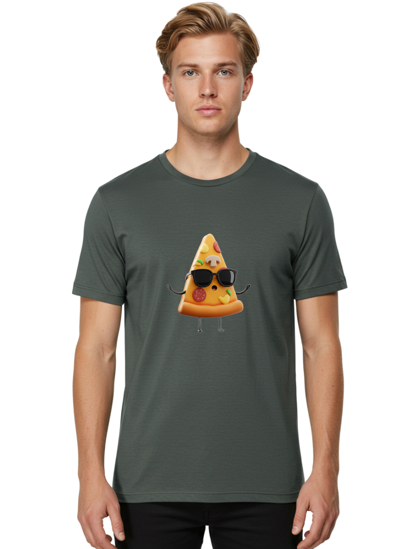 Pizza-Slice-8 Men'S Graphic Tee, 100% Cotton, Comfortable Casual Summer Wear, Machine Washable, Cool Pizza Slice, Cartoon Character, Sunglasses, Pepperoni, Mushrooms, Cheese, Fun, Quirky, Playful, Funny Character, 3D Illustration, Food Mascot, Bac302