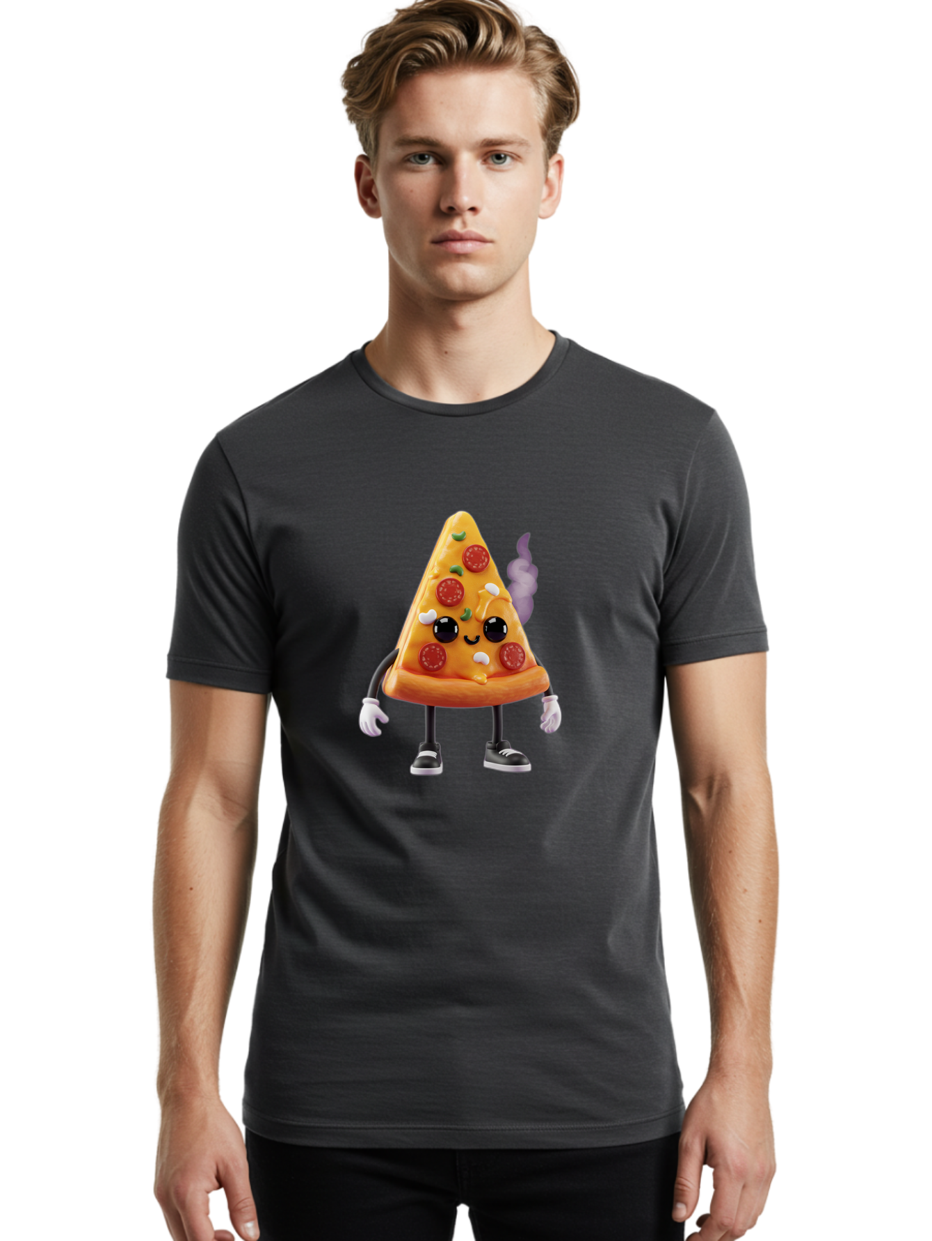 Pizza-Slice-Character-1 Men'S Graphic Tee, 100% Cotton, Comfortable Casual Summer Wear, Machine Washable, Cartoon Pizza Slice, Animated Character, Pepperoni Pizza, Cartoon Food, Funny Character, Pizza Illustration, Smiling Pizza, Bac304