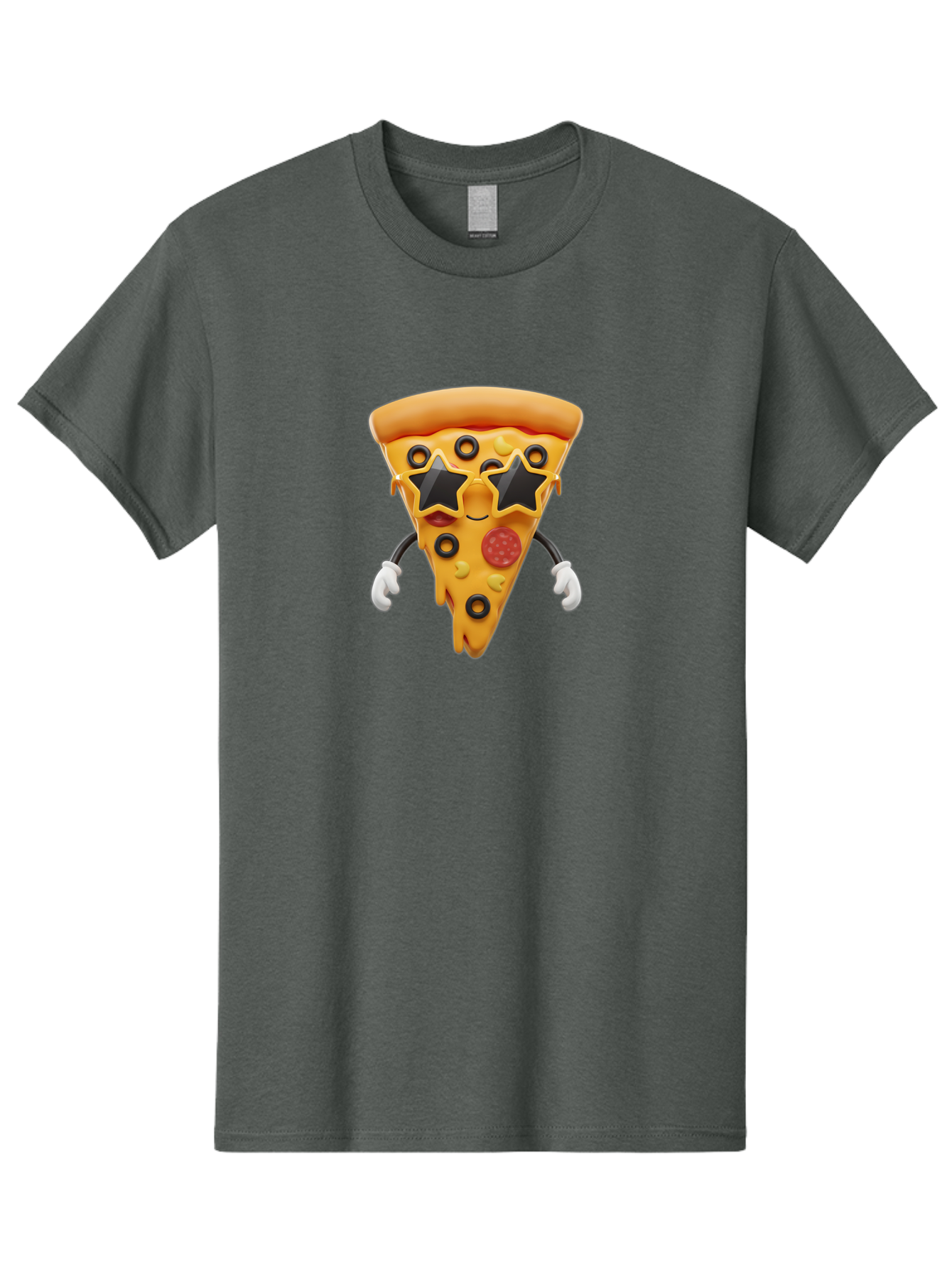 Pizza-Slice-Character Men'S Graphic Tee, 100% Cotton, Comfortable Casual Summer Wear, Machine Washable, Cartoon Pizza Slice, Pepperoni Pizza, Black Olives, Yellow Cheese, Star-Shaped Sunglasses, Cute Food, Funny Character, Cartoon Character, Bac305