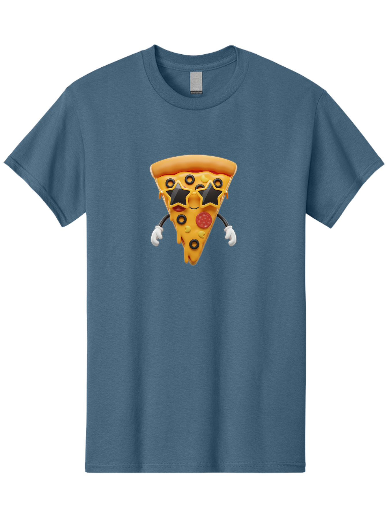 Pizza-Slice-Character Men'S Graphic Tee, 100% Cotton, Comfortable Casual Summer Wear, Machine Washable, Cartoon Pizza Slice, Pepperoni Pizza, Black Olives, Yellow Cheese, Star-Shaped Sunglasses, Cute Food, Funny Character, Cartoon Character, Bac305