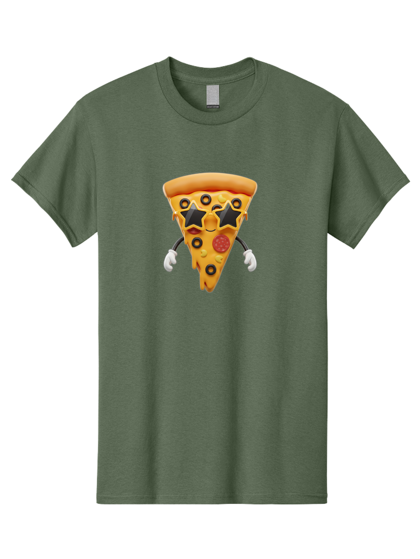 Pizza-Slice-Character Men'S Graphic Tee, 100% Cotton, Comfortable Casual Summer Wear, Machine Washable, Cartoon Pizza Slice, Pepperoni Pizza, Black Olives, Yellow Cheese, Star-Shaped Sunglasses, Cute Food, Funny Character, Cartoon Character, Bac305