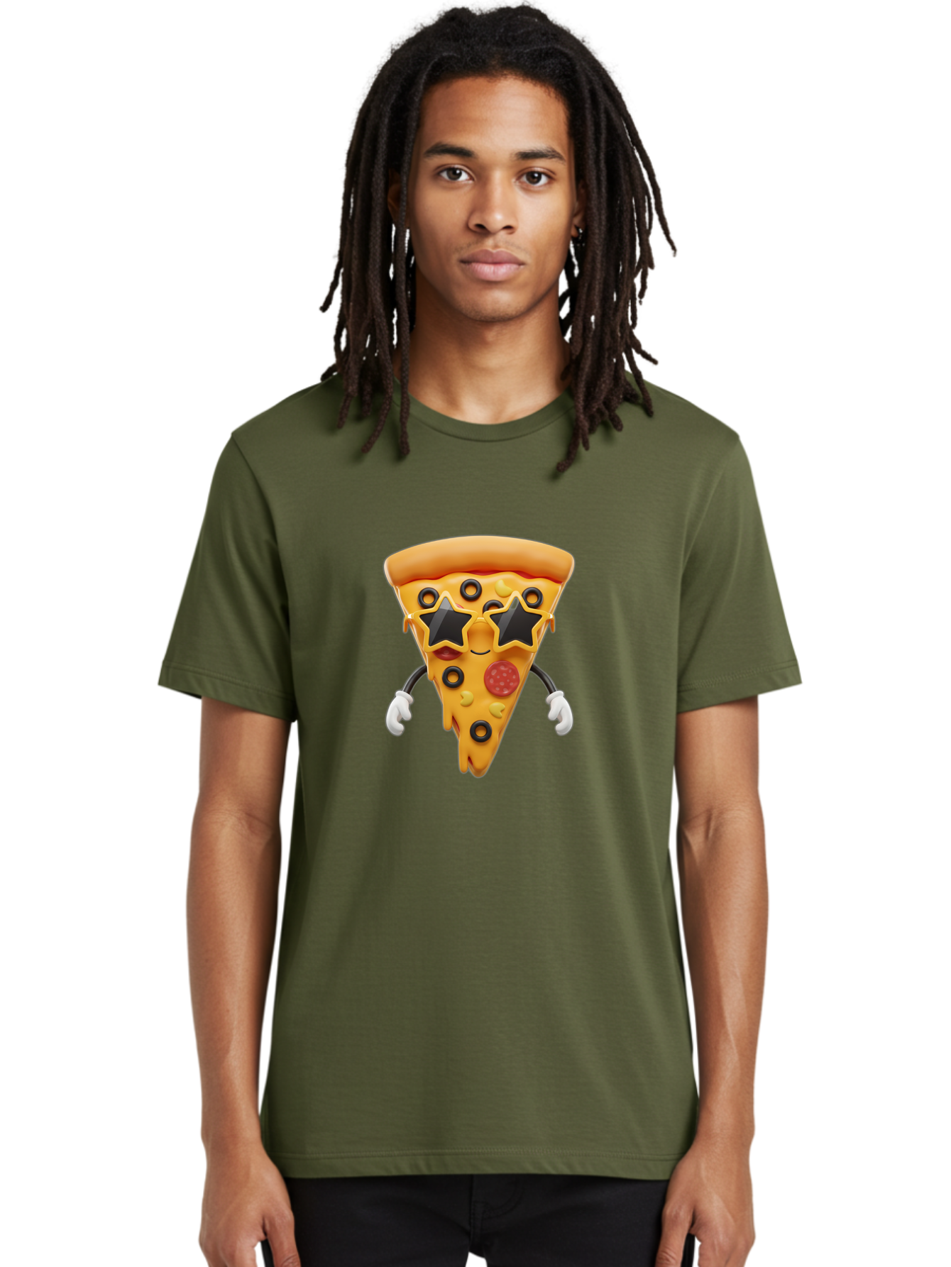 Pizza-Slice-Character Men'S Graphic Tee, 100% Cotton, Comfortable Casual Summer Wear, Machine Washable, Cartoon Pizza Slice, Pepperoni Pizza, Black Olives, Yellow Cheese, Star-Shaped Sunglasses, Cute Food, Funny Character, Cartoon Character, Bac305