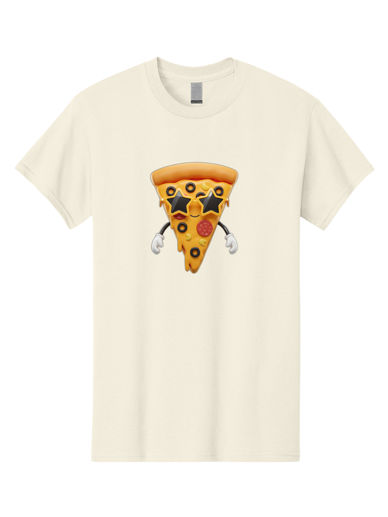 Pizza-Slice-Character Men'S Graphic Tee, 100% Cotton, Comfortable Casual Summer Wear, Machine Washable, Cartoon Pizza Slice, Pepperoni Pizza, Black Olives, Yellow Cheese, Star-Shaped Sunglasses, Cute Food, Funny Character, Cartoon Character, Bac305