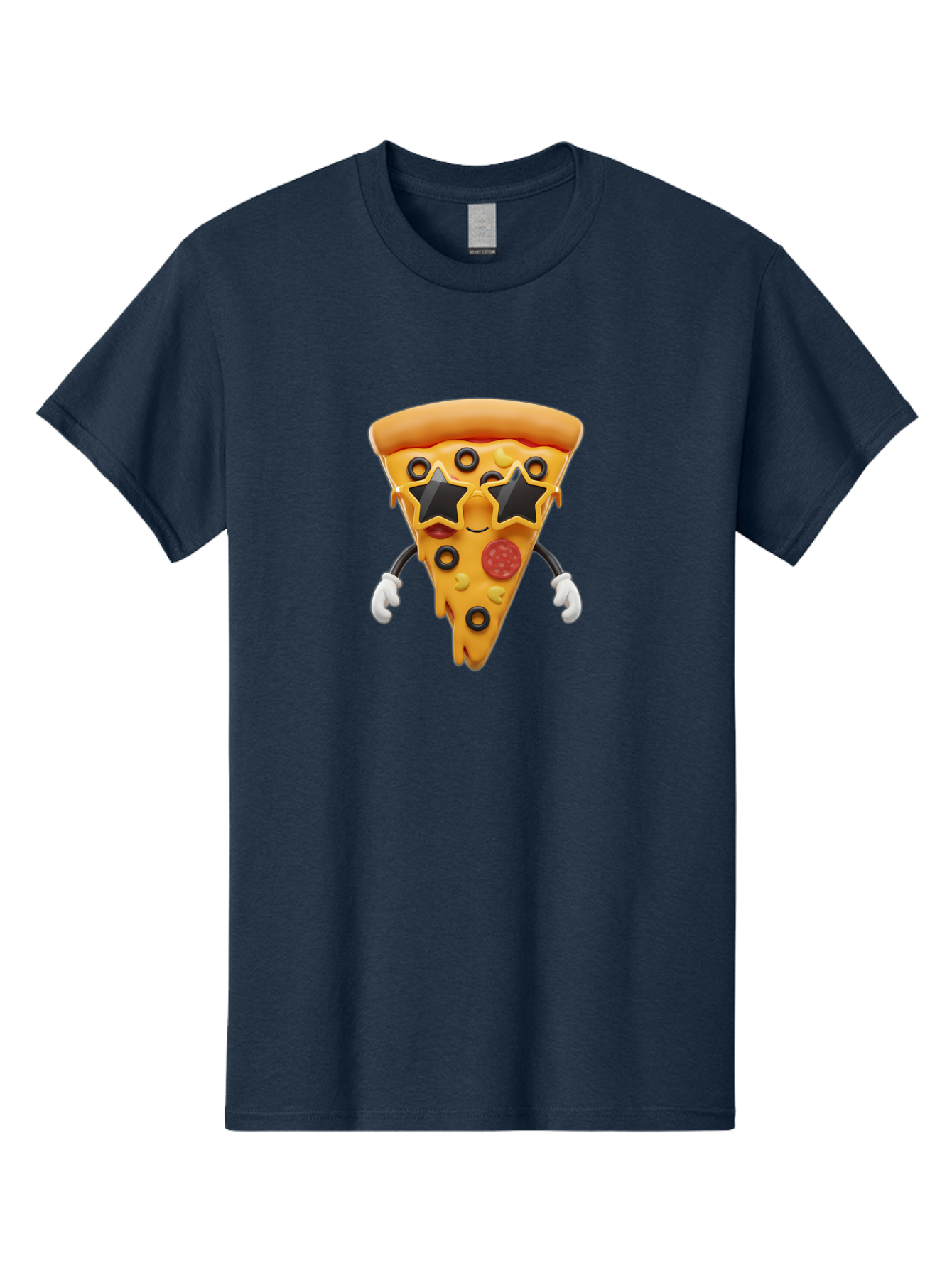 Pizza-Slice-Character Men'S Graphic Tee, 100% Cotton, Comfortable Casual Summer Wear, Machine Washable, Cartoon Pizza Slice, Pepperoni Pizza, Black Olives, Yellow Cheese, Star-Shaped Sunglasses, Cute Food, Funny Character, Cartoon Character, Bac305