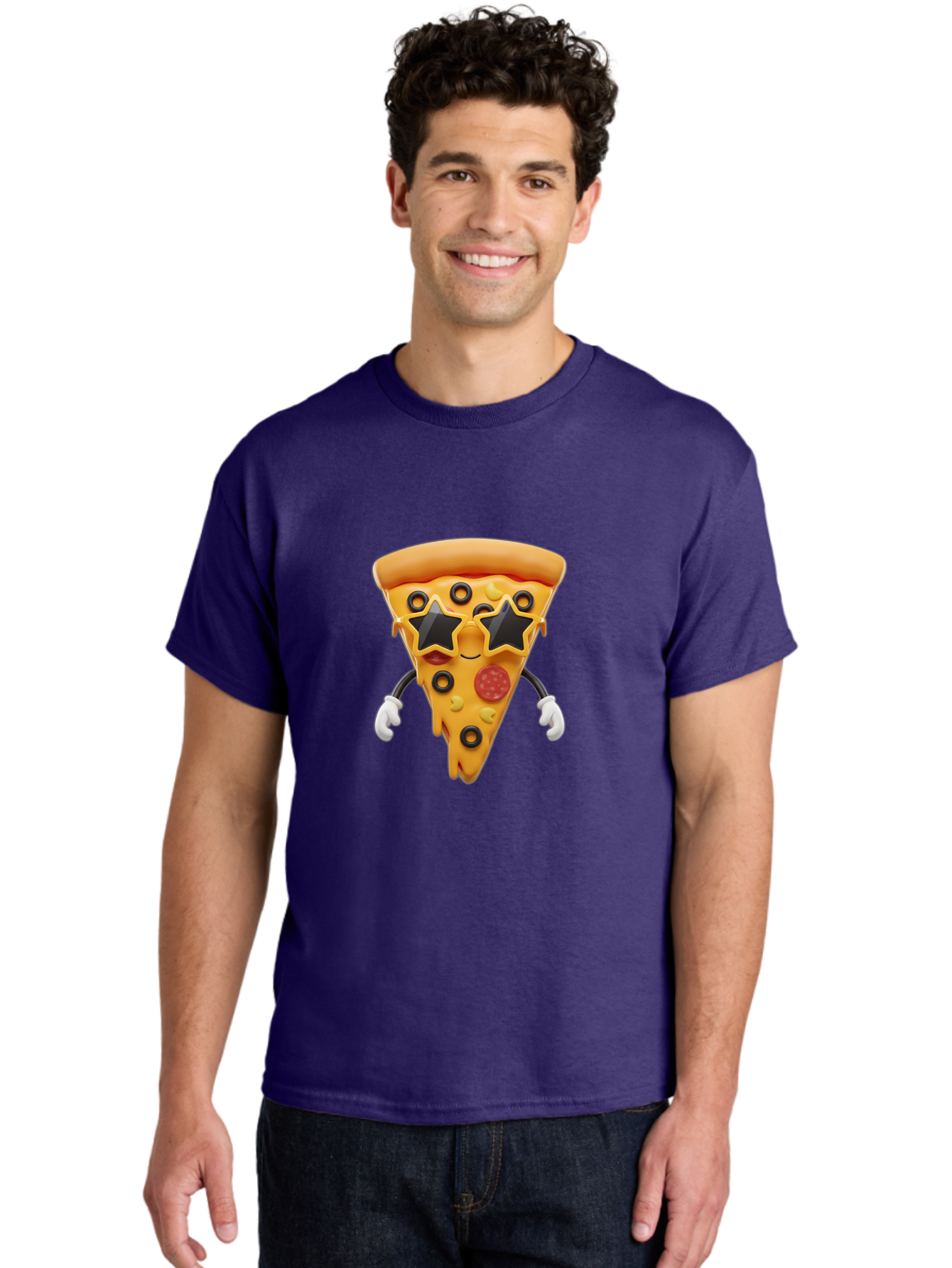 Pizza-Slice-Character Men'S Graphic Tee, 100% Cotton, Comfortable Casual Summer Wear, Machine Washable, Cartoon Pizza Slice, Pepperoni Pizza, Black Olives, Yellow Cheese, Star-Shaped Sunglasses, Cute Food, Funny Character, Cartoon Character, Bac305