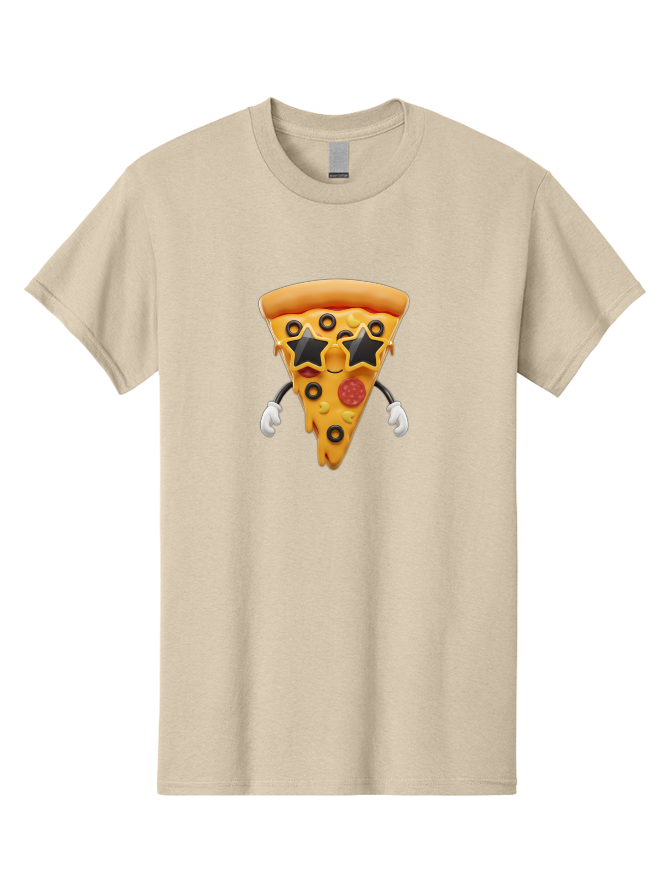 Pizza-Slice-Character Men'S Graphic Tee, 100% Cotton, Comfortable Casual Summer Wear, Machine Washable, Cartoon Pizza Slice, Pepperoni Pizza, Black Olives, Yellow Cheese, Star-Shaped Sunglasses, Cute Food, Funny Character, Cartoon Character, Bac305