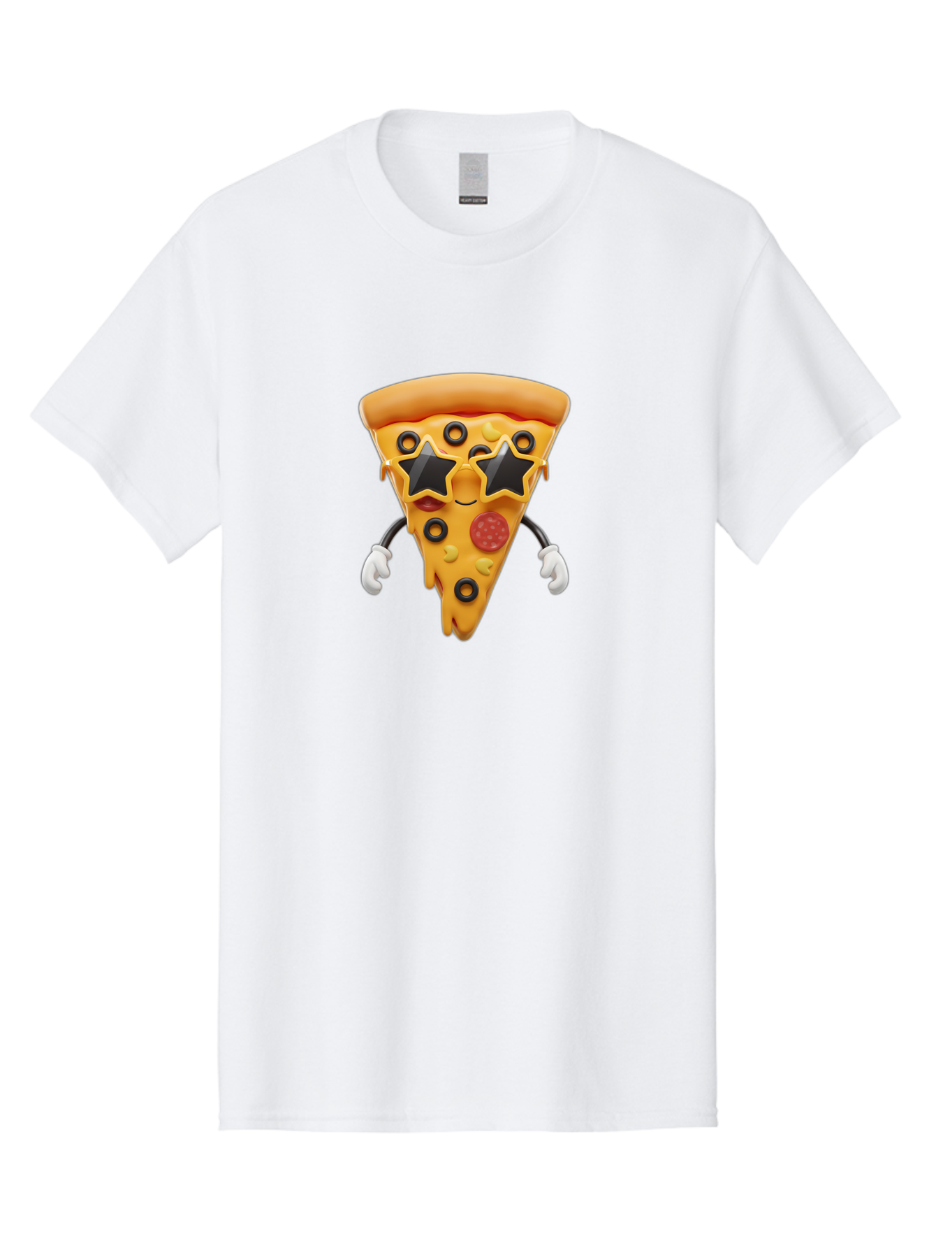 Pizza-Slice-Character Men'S Graphic Tee, 100% Cotton, Comfortable Casual Summer Wear, Machine Washable, Cartoon Pizza Slice, Pepperoni Pizza, Black Olives, Yellow Cheese, Star-Shaped Sunglasses, Cute Food, Funny Character, Cartoon Character, Bac305