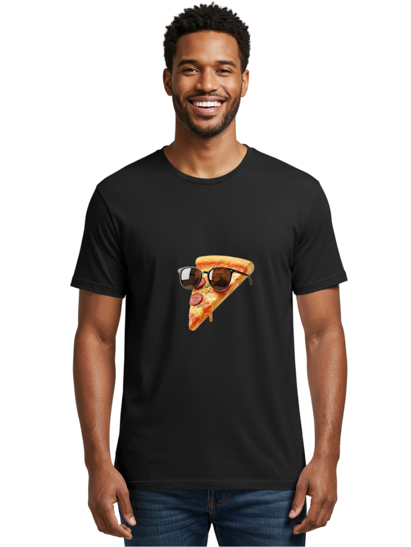 Pizza-Slice-Sunglasses-2 Men'S Graphic Tee, 100% Cotton, Comfortable Casual Summer Wear, Machine Washable, Pizza Slice Wearing Sunglasses, Funny Food, Quirky Humor, Cool Pizza, Sunglasses On Food, Comical Image, Playful Graphics, Bac307