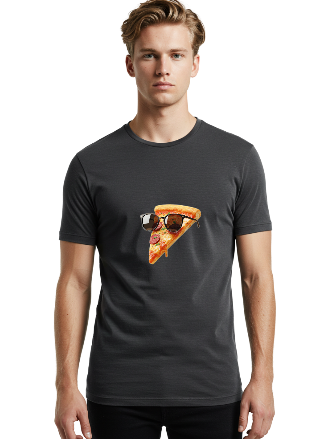 Pizza-Slice-Sunglasses-2 Men'S Graphic Tee, 100% Cotton, Comfortable Casual Summer Wear, Machine Washable, Pizza Slice Wearing Sunglasses, Funny Food, Quirky Humor, Cool Pizza, Sunglasses On Food, Comical Image, Playful Graphics, Bac307
