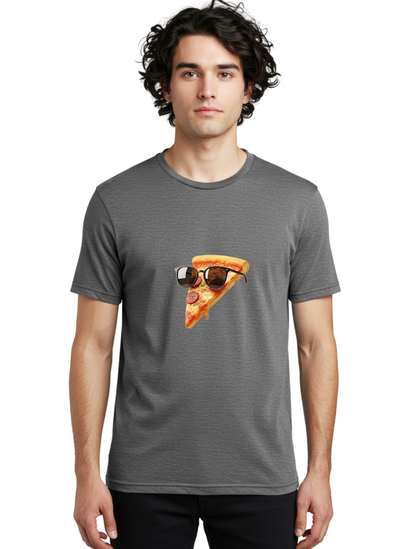 Pizza-Slice-Sunglasses-2 Men'S Graphic Tee, 100% Cotton, Comfortable Casual Summer Wear, Machine Washable, Pizza Slice Wearing Sunglasses, Funny Food, Quirky Humor, Cool Pizza, Sunglasses On Food, Comical Image, Playful Graphics, Bac307