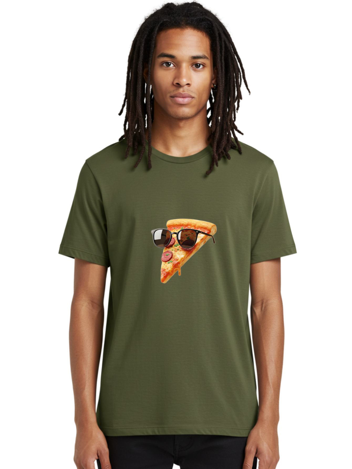 Pizza-Slice-Sunglasses-2 Men'S Graphic Tee, 100% Cotton, Comfortable Casual Summer Wear, Machine Washable, Pizza Slice Wearing Sunglasses, Funny Food, Quirky Humor, Cool Pizza, Sunglasses On Food, Comical Image, Playful Graphics, Bac307